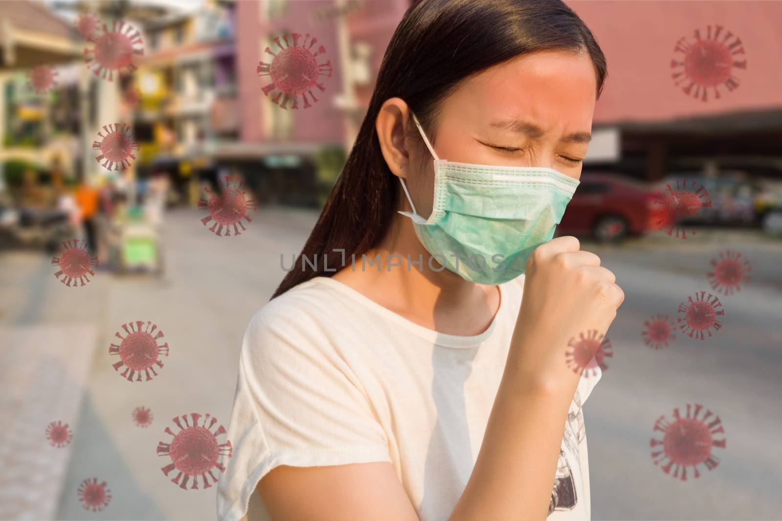 woman feeling sick, coughing, wearing protective mask against tr by asiandelight