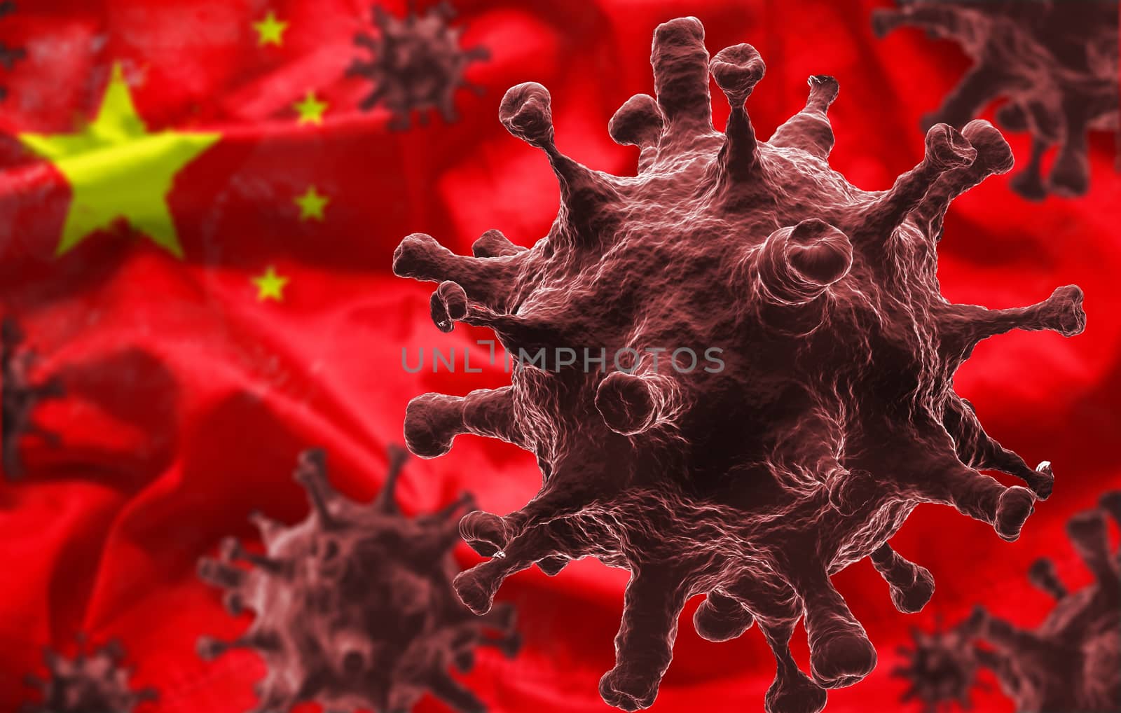 Coronavirus disease cells as a 3D render with flag of Republic of China at background. new 2019 Novel Coronavirus (2019-nCoV) infection outbreak situation occurs in Wuhan, China