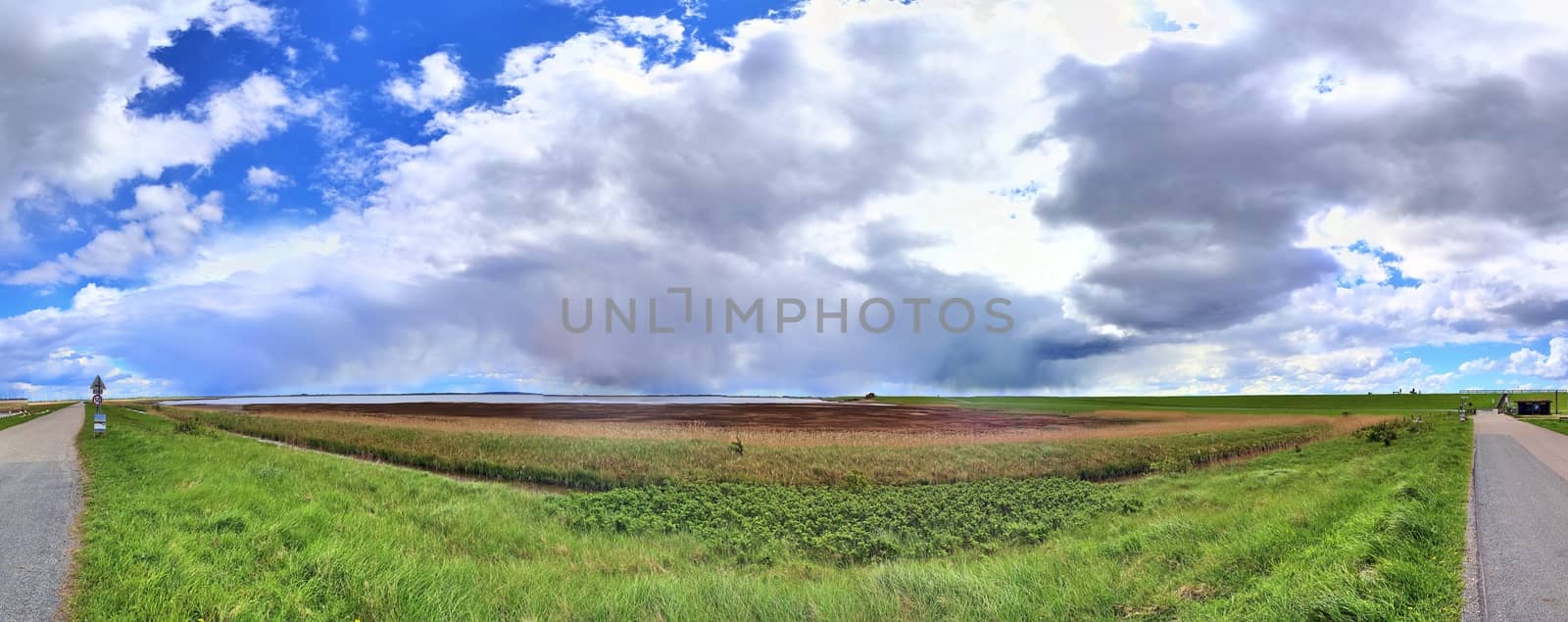 Beautiful high resolution panorama of a northern european country landscape with fields and green grass.