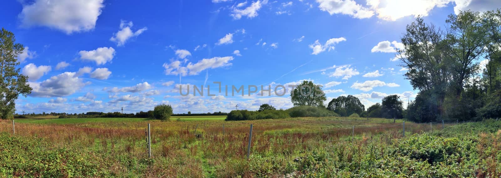 Beautiful high resolution panorama of a northern european country landscape with fields and green grass.