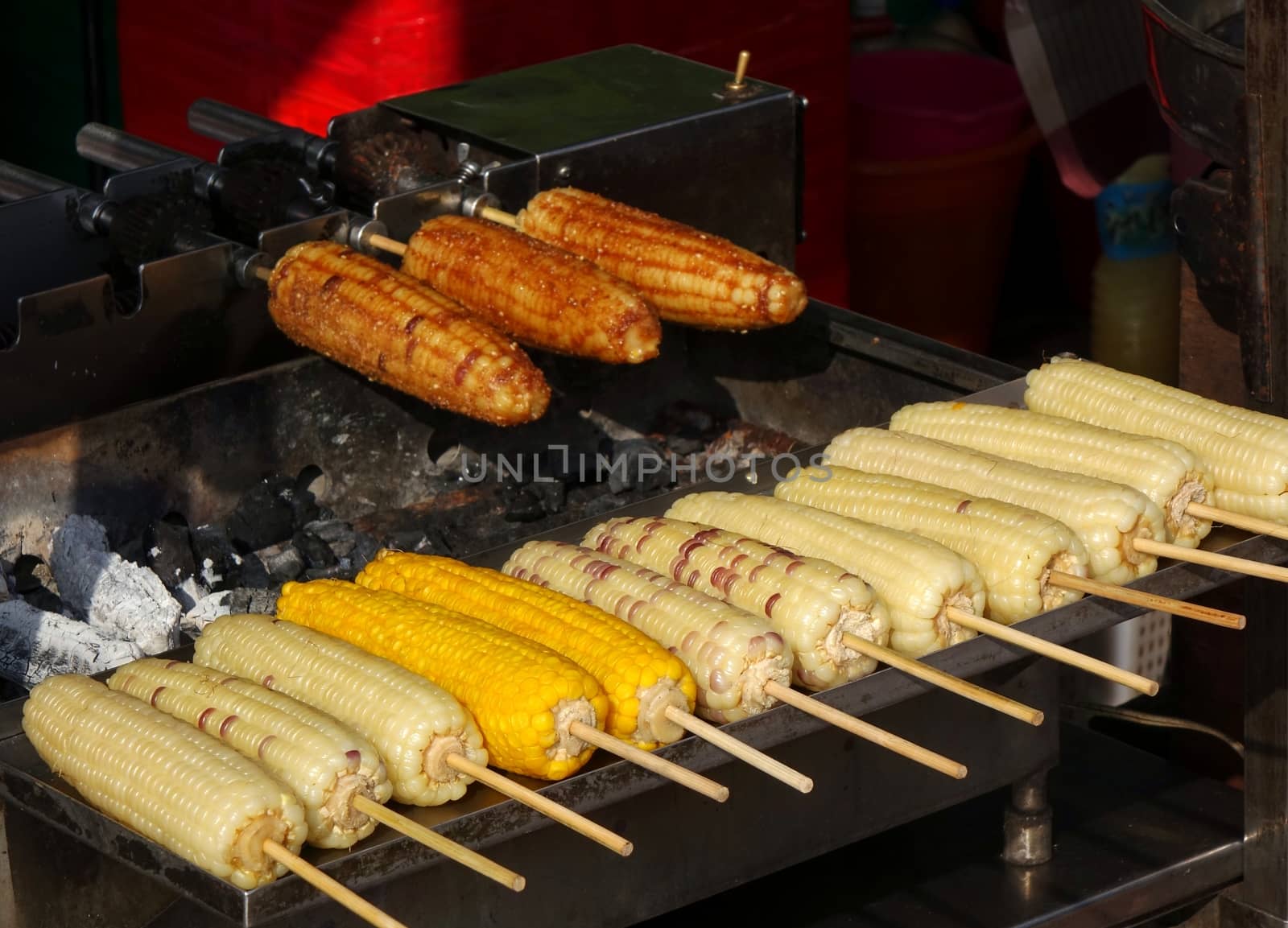 Grilled corn cobs with barbecue sauce are a popular street food in Taiwan
