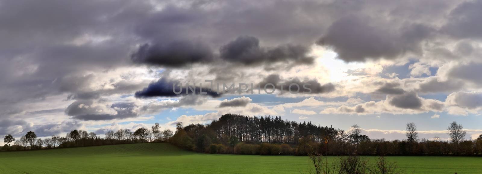 Beautiful high resolution panorama of a northern european country landscape with fields and green grass.