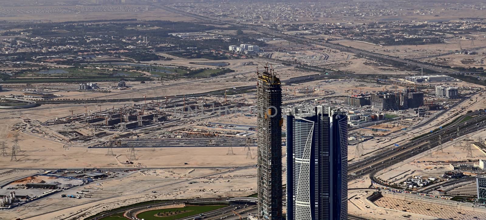 Aerial view over the city center of dubai on a sunny day.