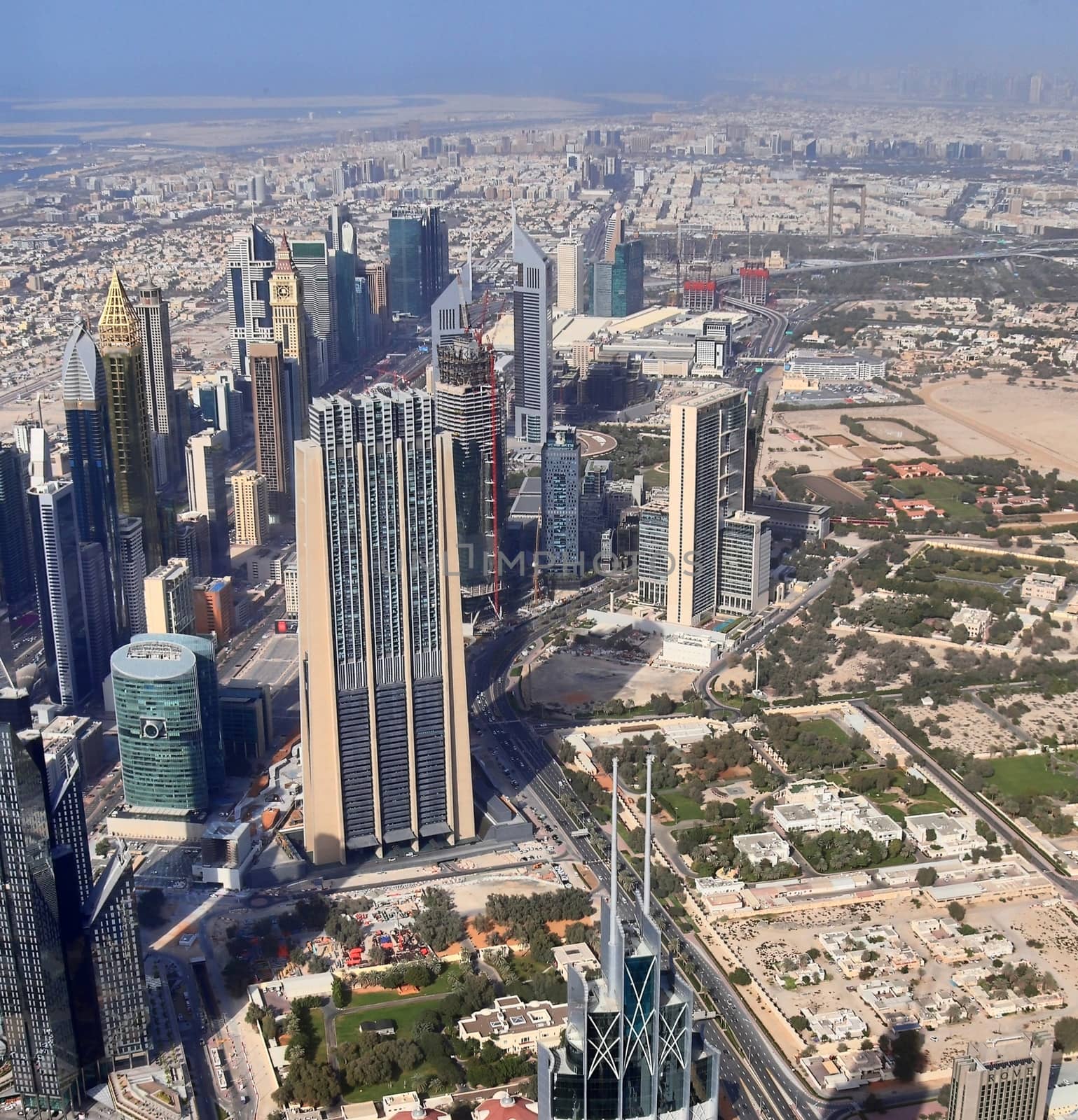 Aerial view over the city center of dubai on a sunny day.