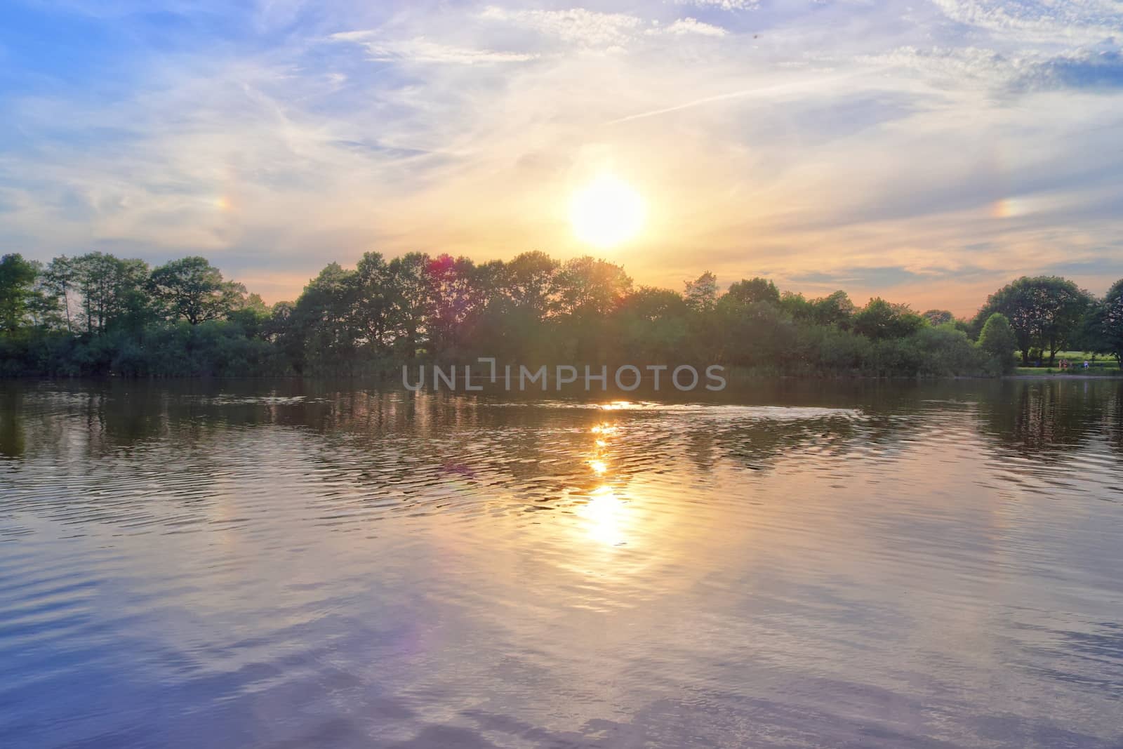 Beautiful landscape at a lake with a reflective water surface.