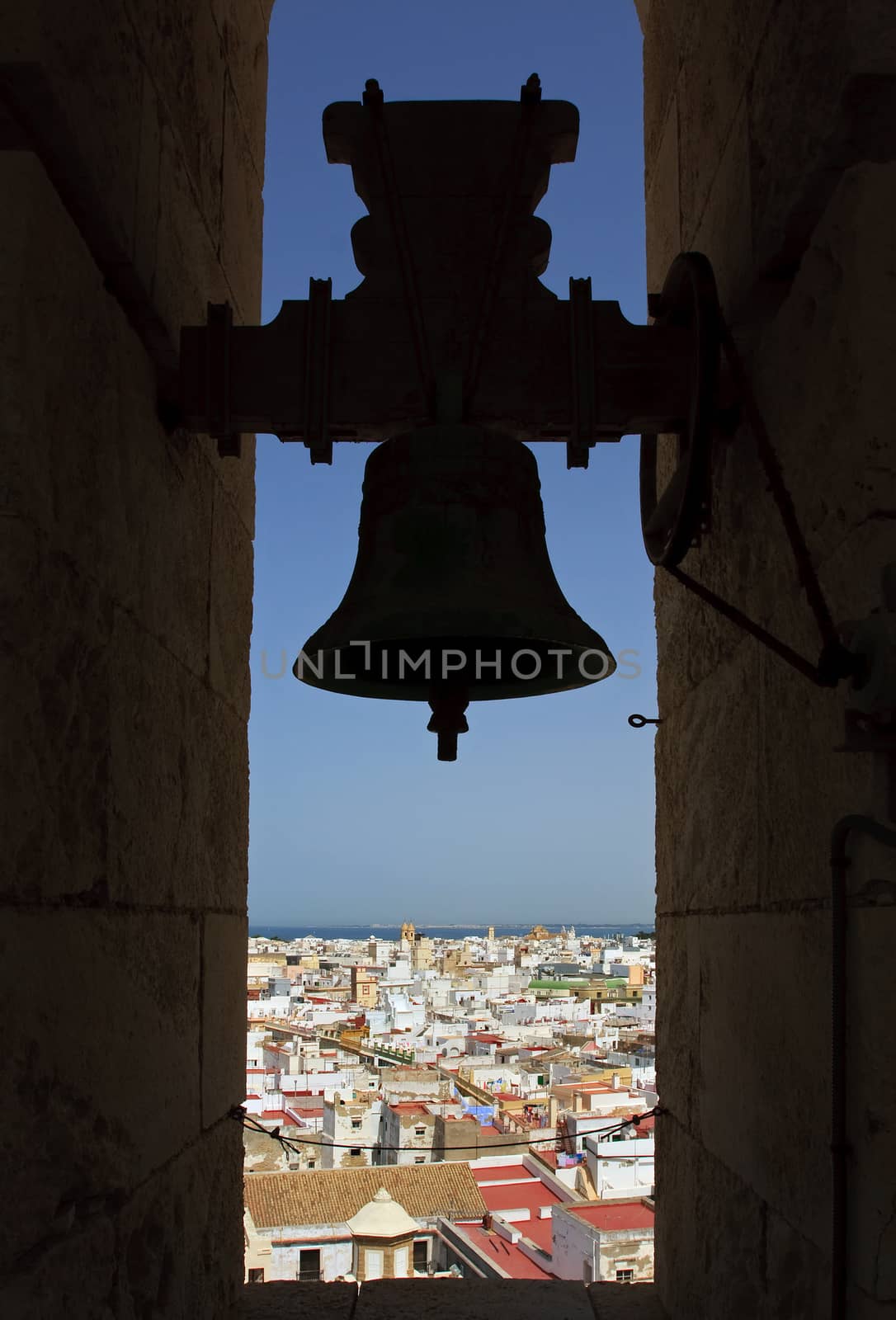 The city of Cadiz viewed from the belfry in the Poniente (west) tower of Cadiz cathedral.  The Catedral de Santa Cruz de Cadiz is a Roman Catholic church in Cadiz, southern Spain.