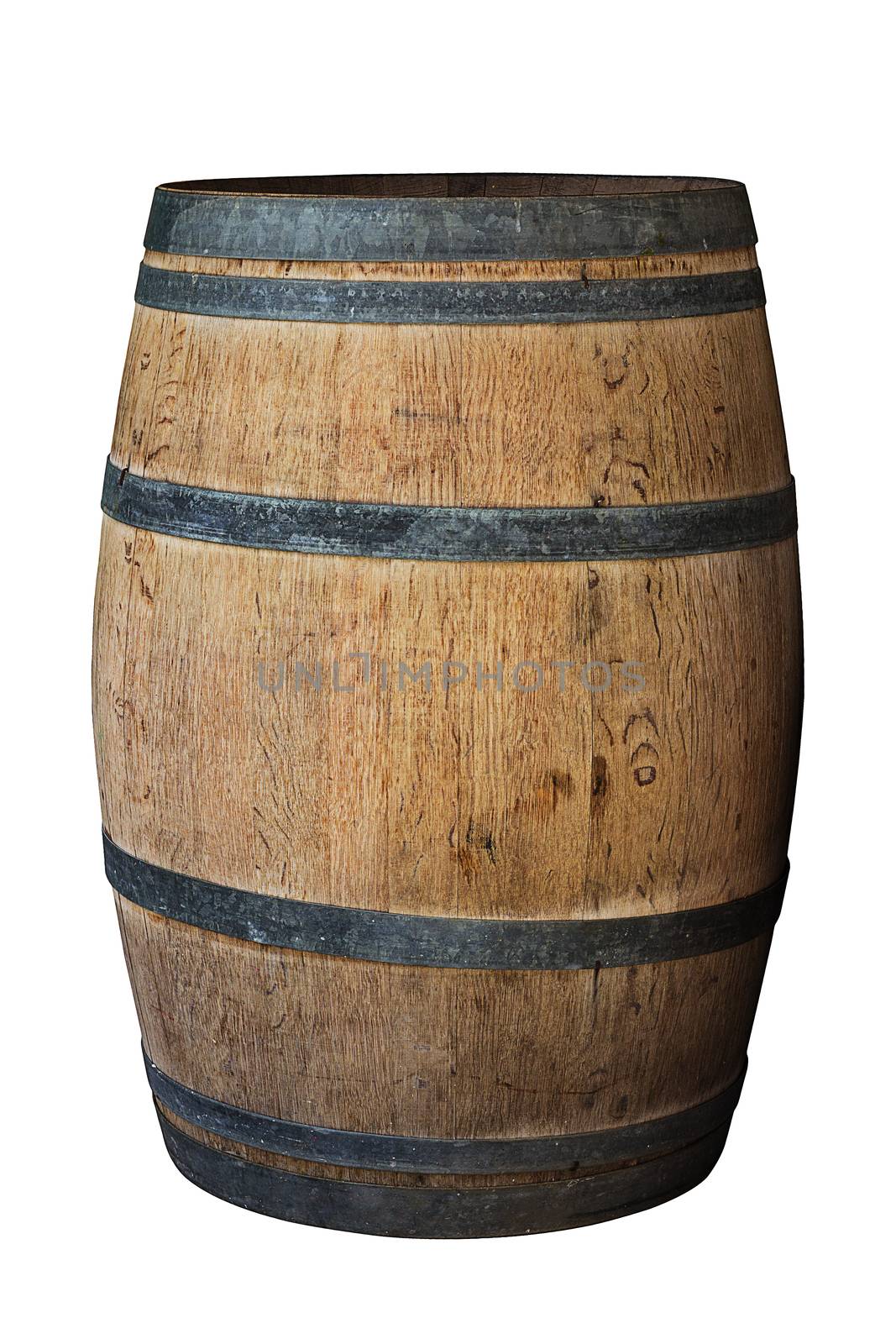 Old wood beer, wine barrel on white background, vintage and retro concept