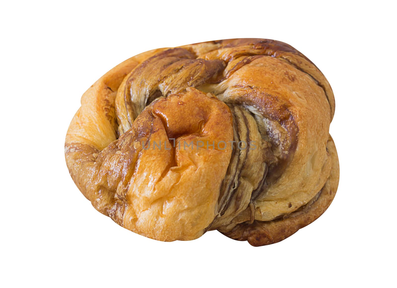 Isolate chocolate bun bread on white background, bakery concept