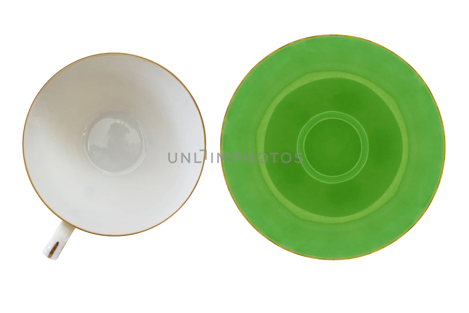 Isolate green coffee cup and plate on white background, top view