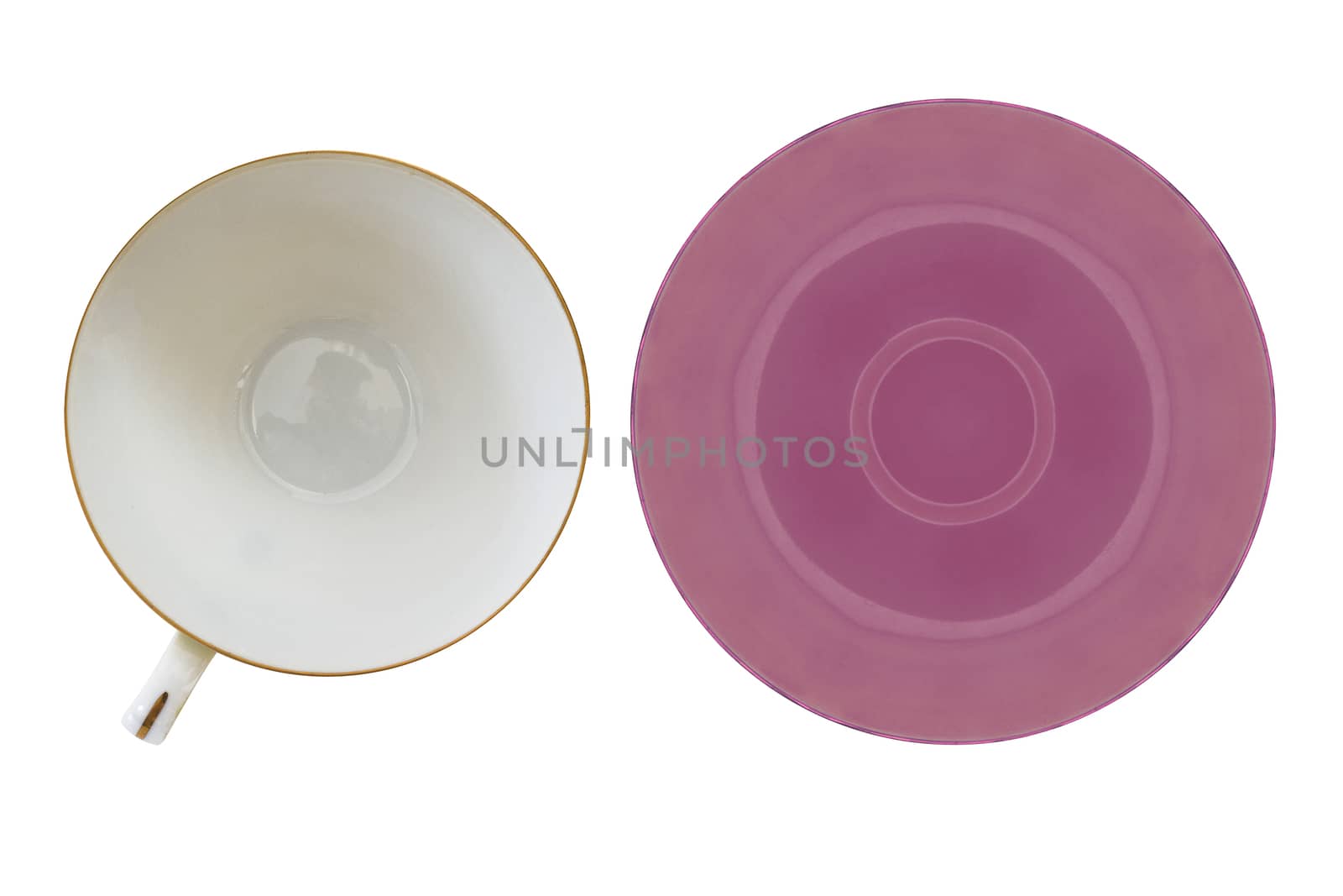 Isolate pink coffee cup and plate on white background, top view