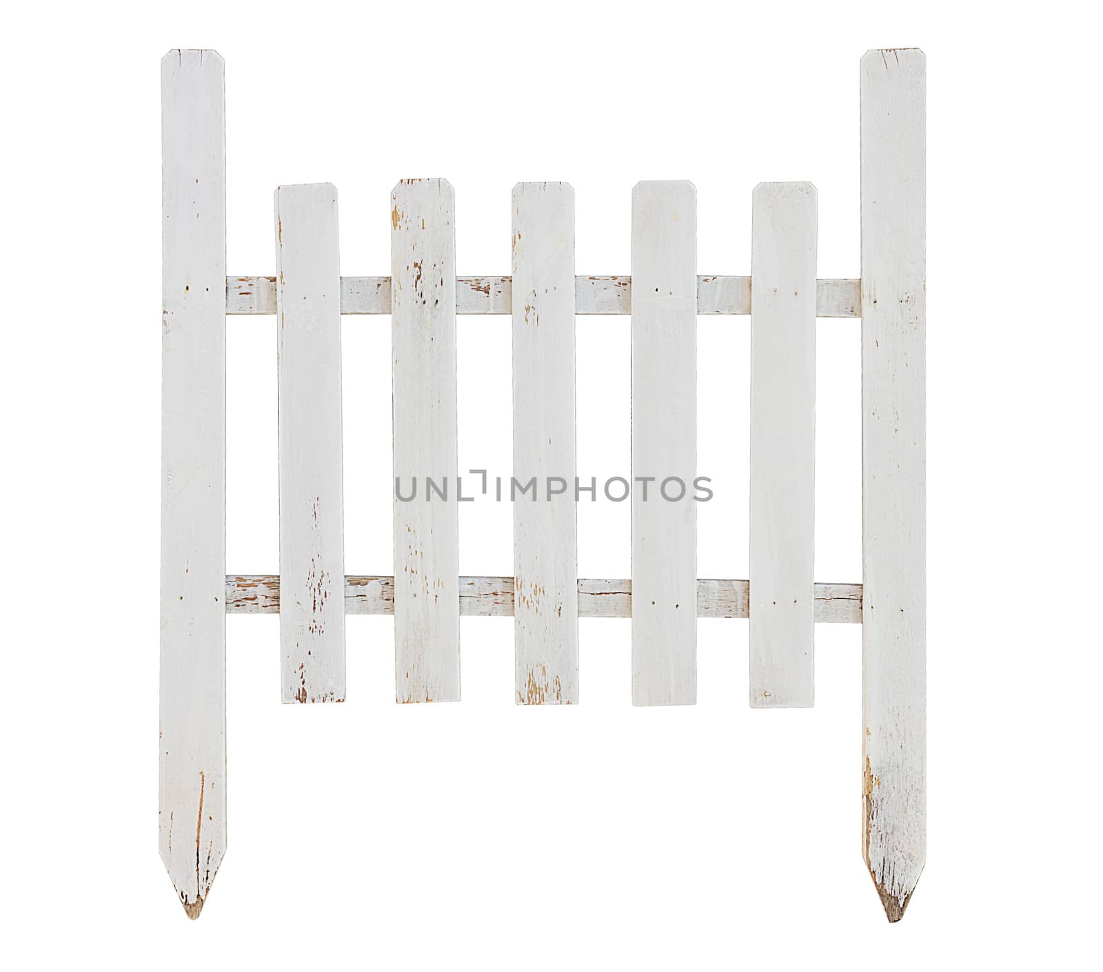 Old white wooden fence on white background, vintage and retro concept