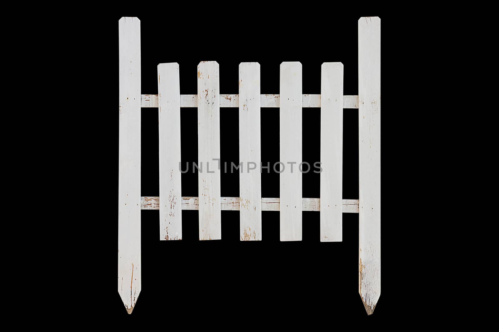 Old white wooden fence on black background, vintage and retro concept