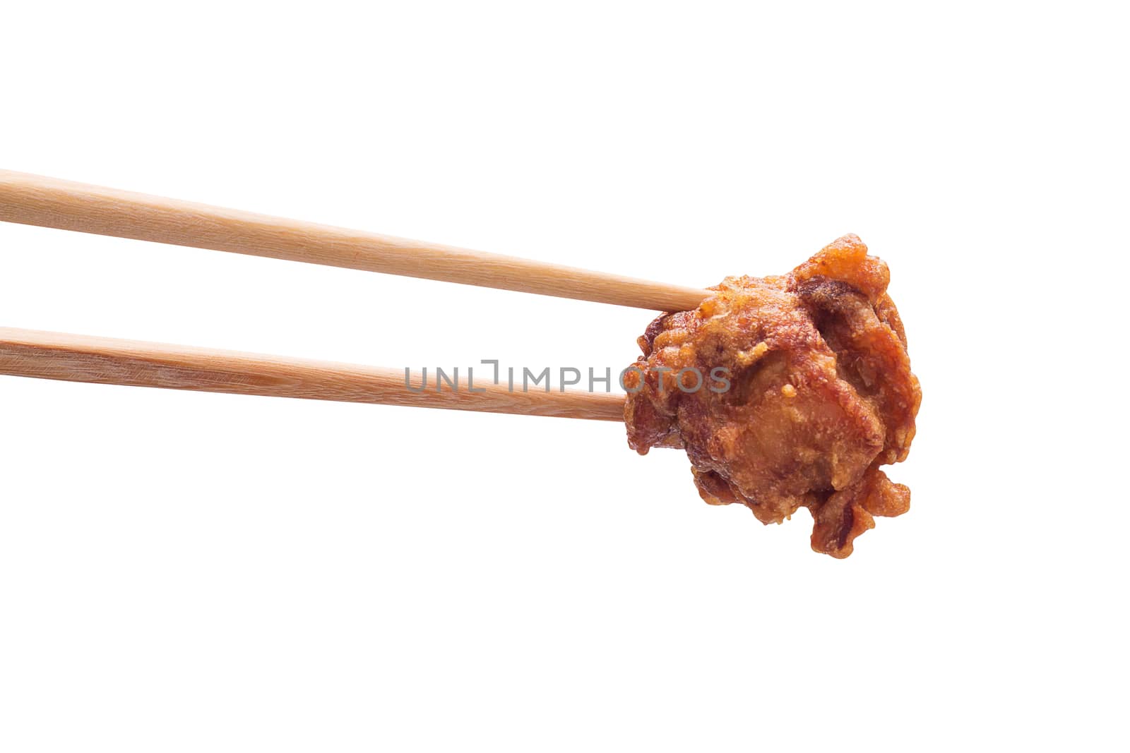 Isolate fried chicken meat, Japanese karaage and chopsticks on white background