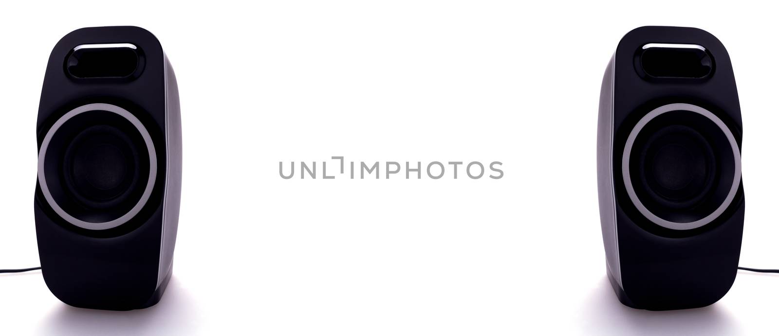 Black speakers on white background, announcement concept 