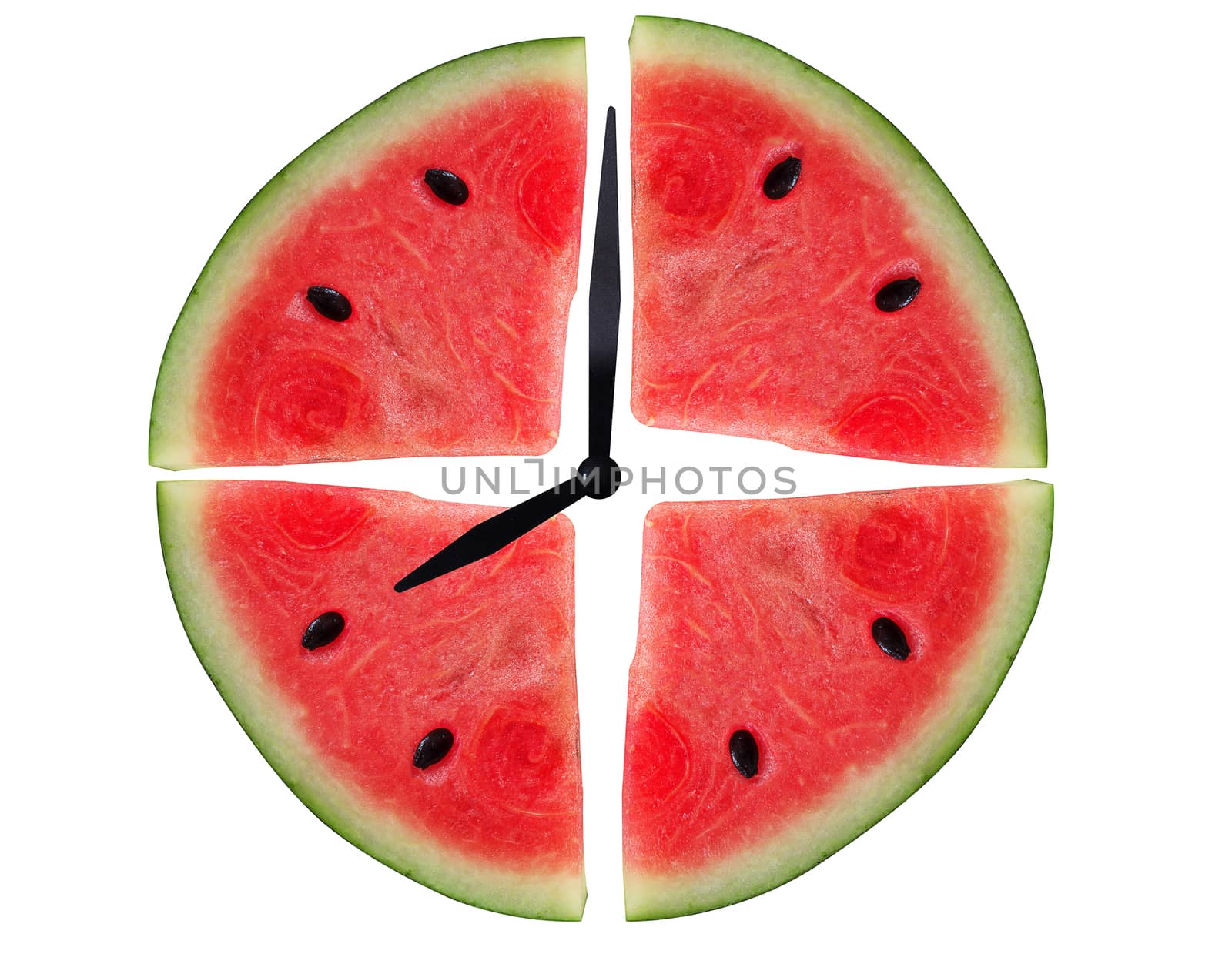 Watermelon clock on white background, summer time concept
