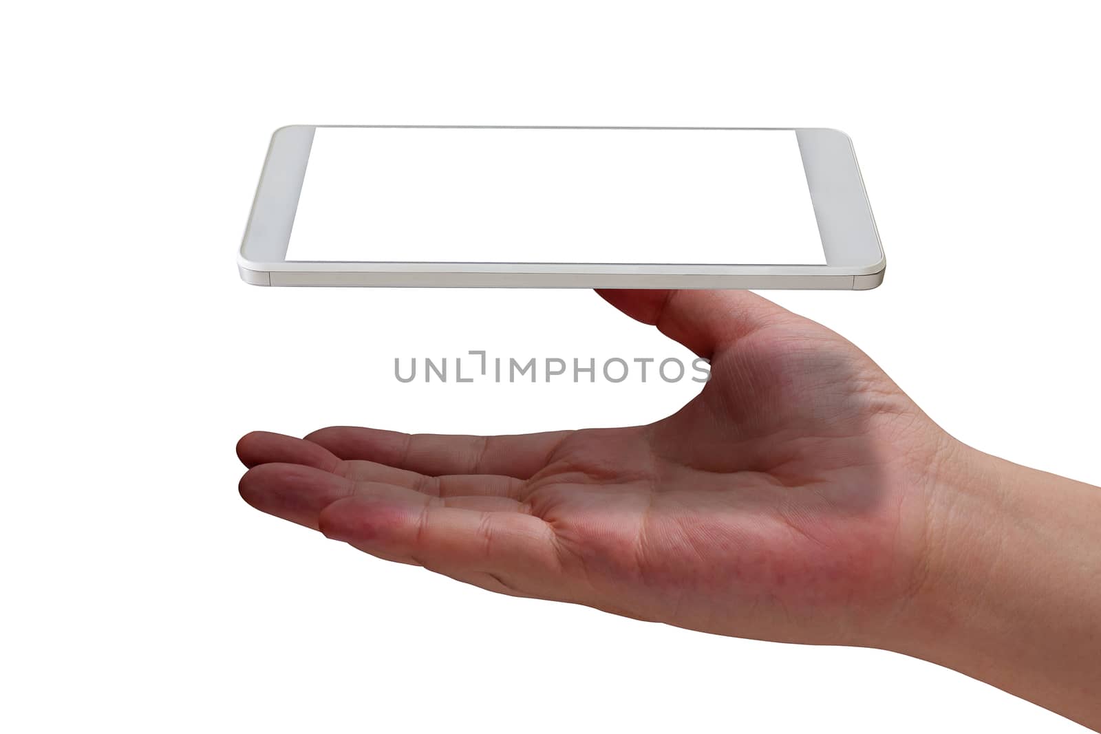 Isolate mobile phone in hand on white background, communication concept
