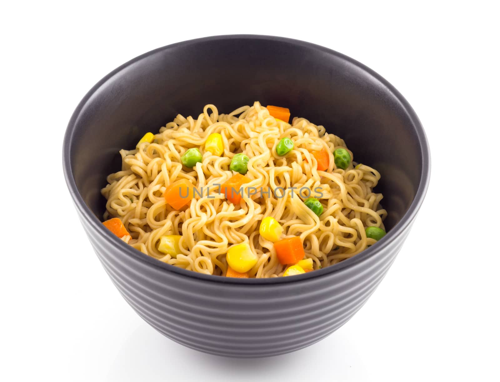 Bowl of noodle and vegetable on white background