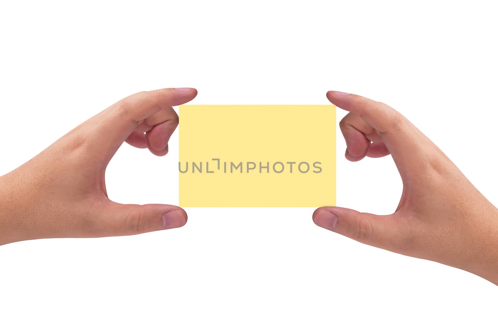 Isolate hands holding yellow paper business card on white background