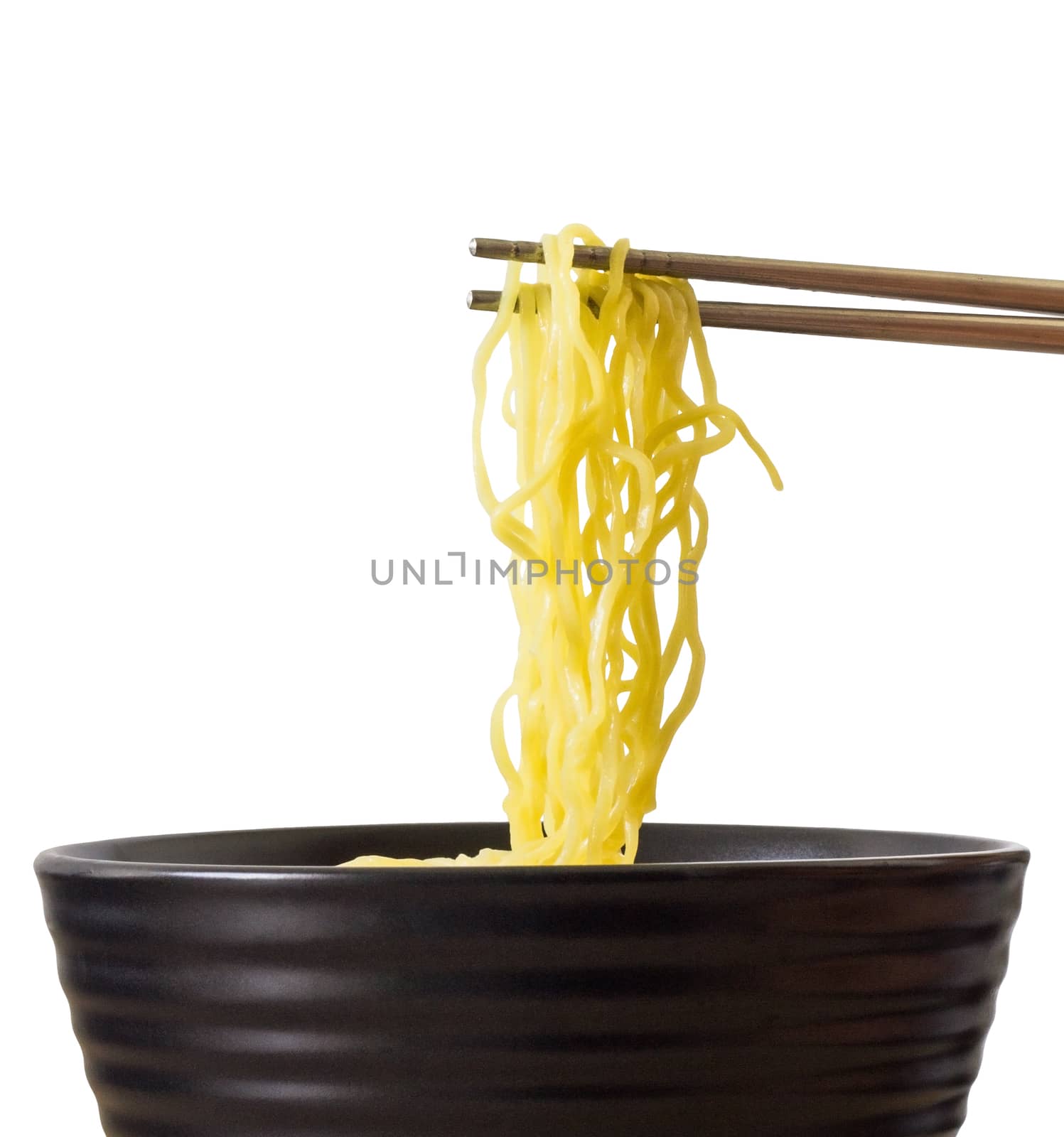 Picture of egg noodle and chopstick on white background