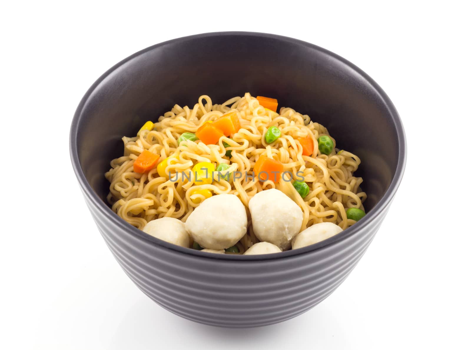 Bowl of noodle with vegetable and pork ball on white background
