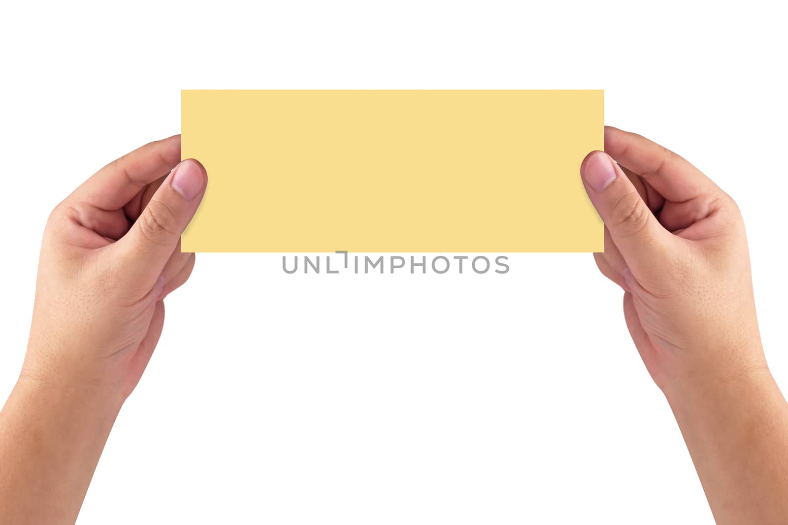 Isolate hands holding yellow long paper on white background
