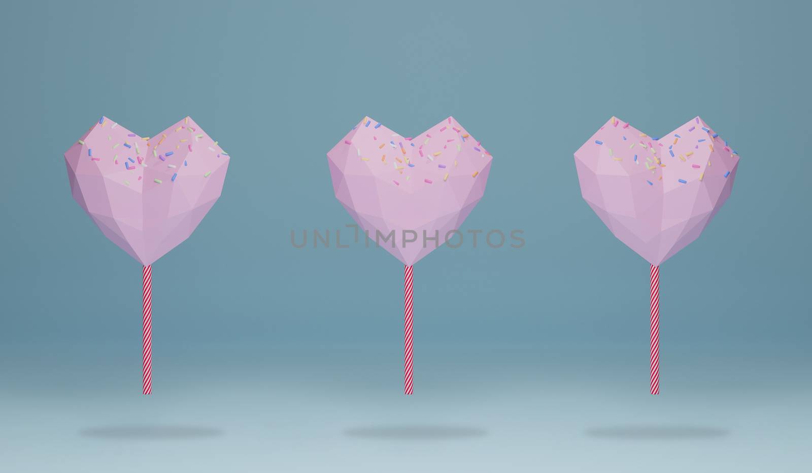 pink heart shape chocolate candy on the end of a stick like lollipop with colorful sprinkles topping. sweet food pattern on blue background, 3d rendering