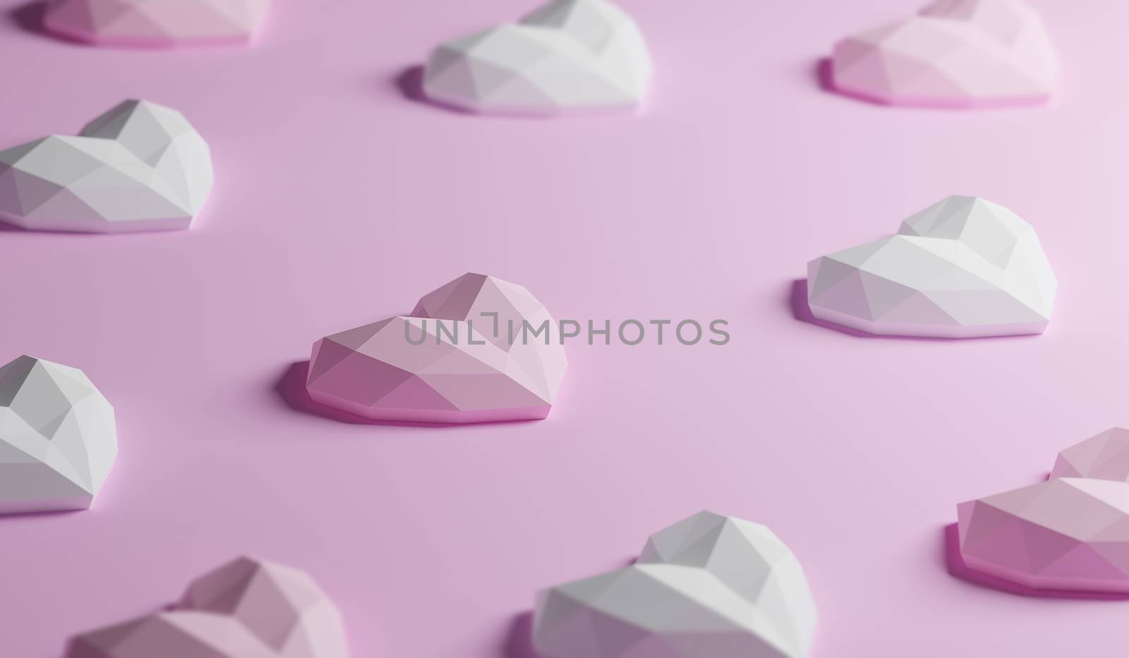 geometric configuration group of pink heart shaped isolated on sweet pastel pink color, side view. romantic valentine day background, 3d rendering