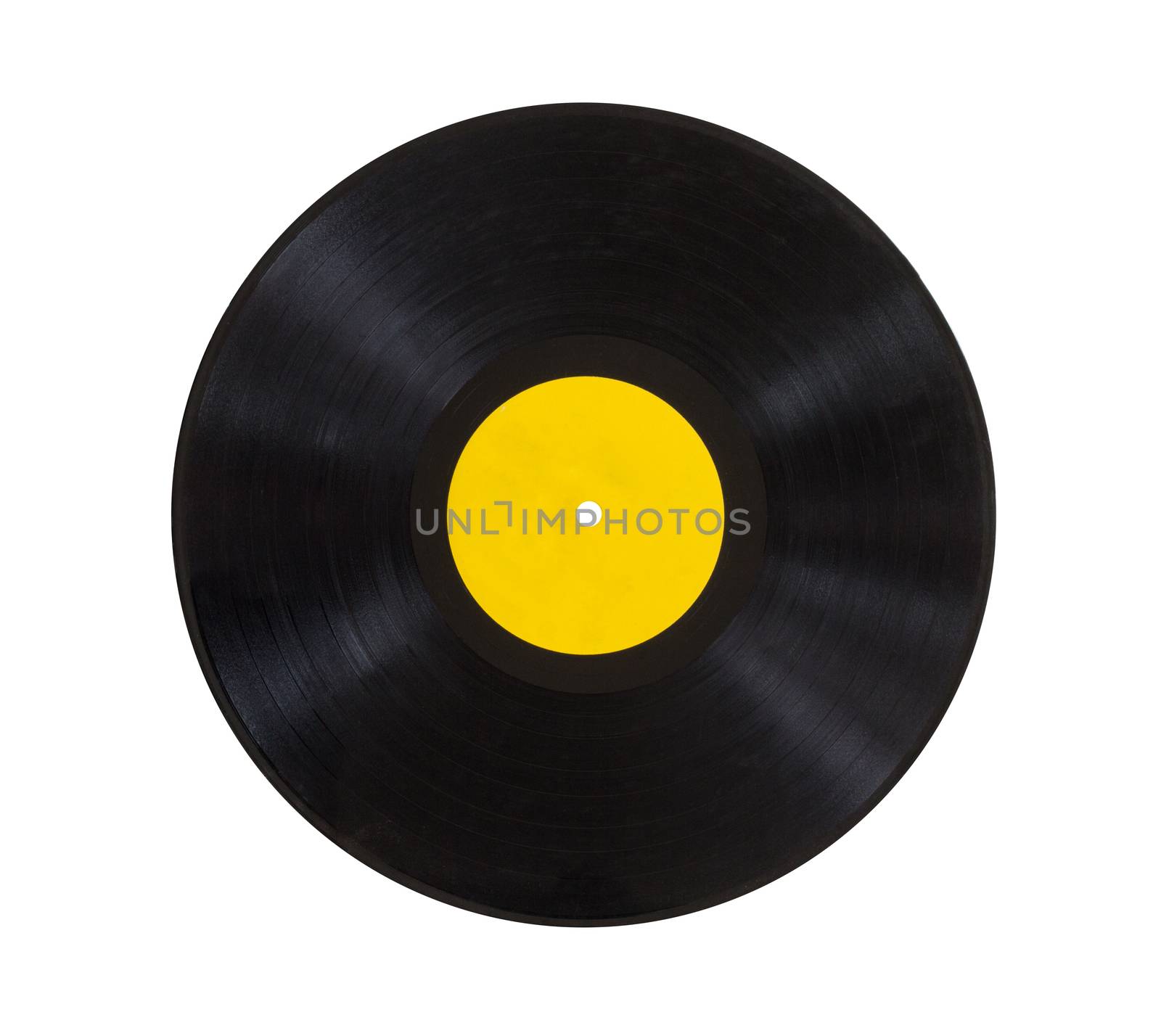 Picture of old record with yellow label on white background