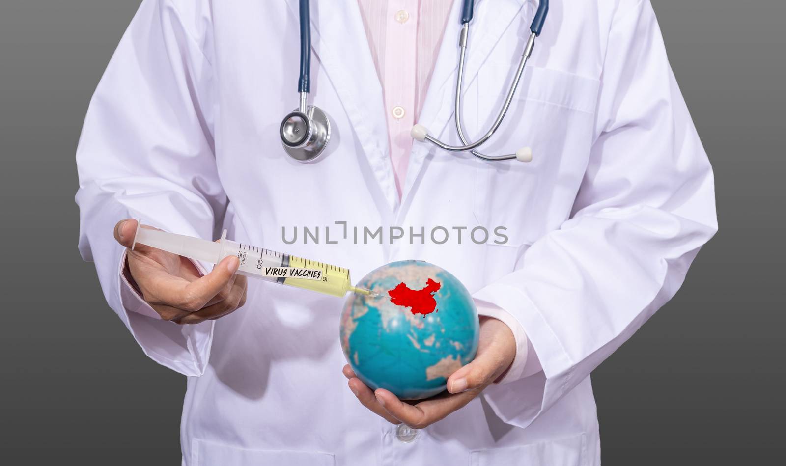 doctor in medical gown using an antiviral vaccine syringe on the by asiandelight