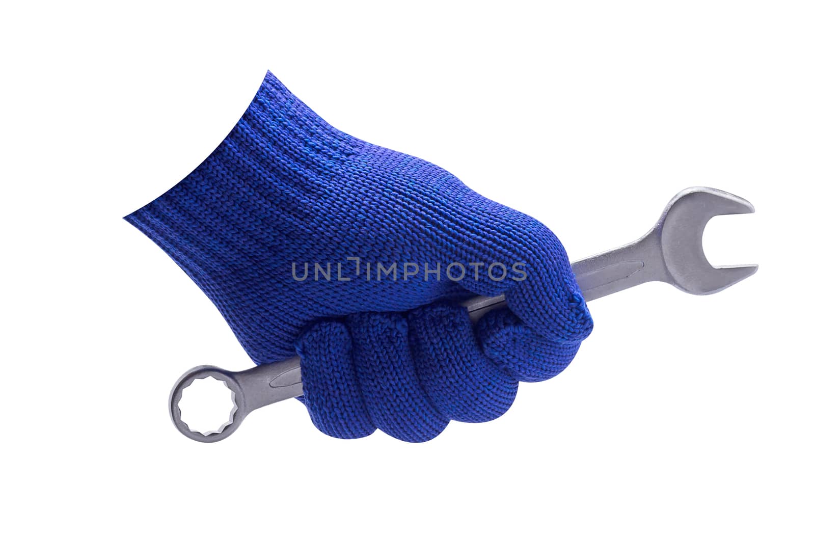 Isolate wrench in hand with blue glove on white background, maintenance and service concept