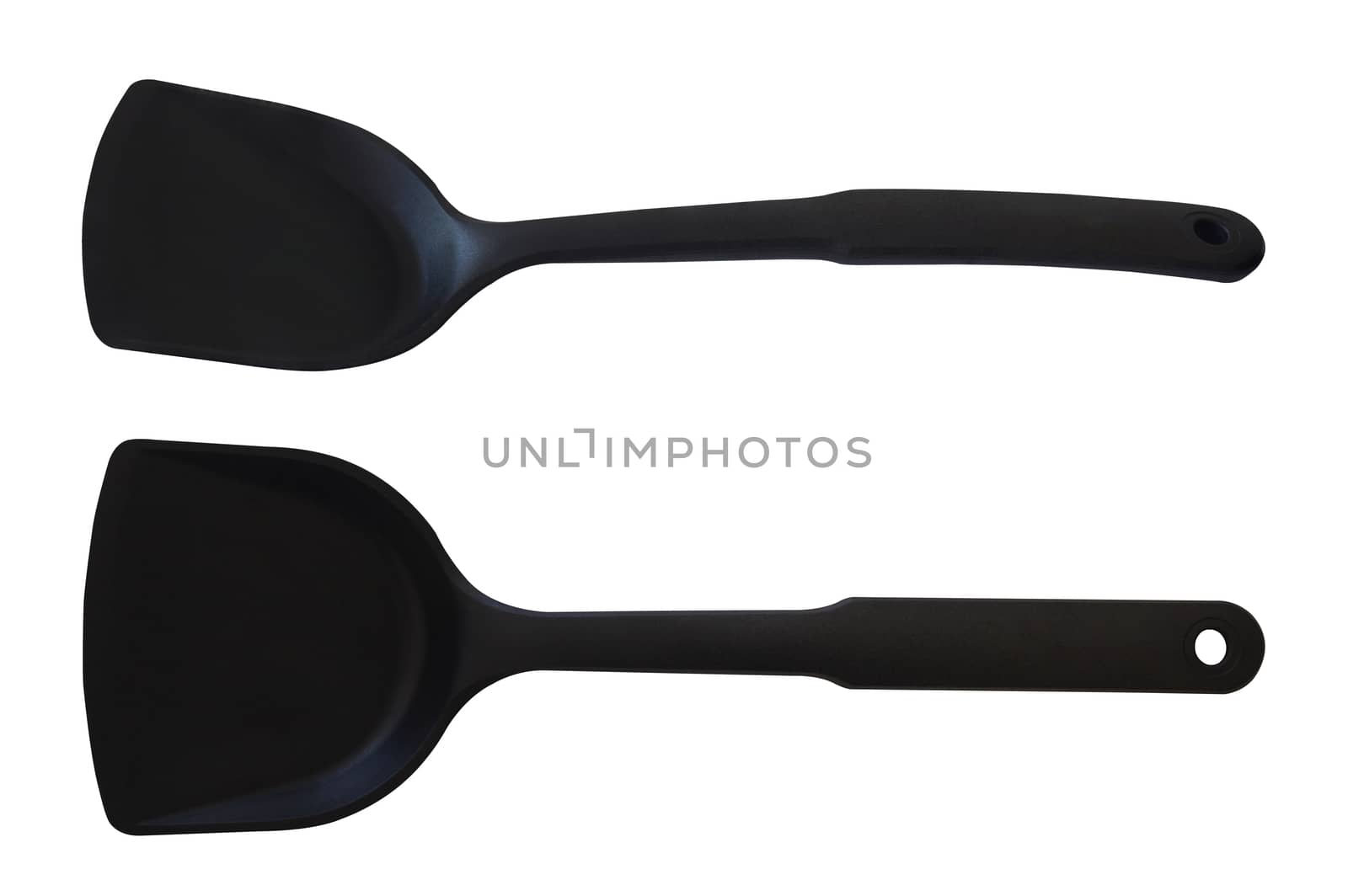 Isolate black plastic spoon, turner on white background