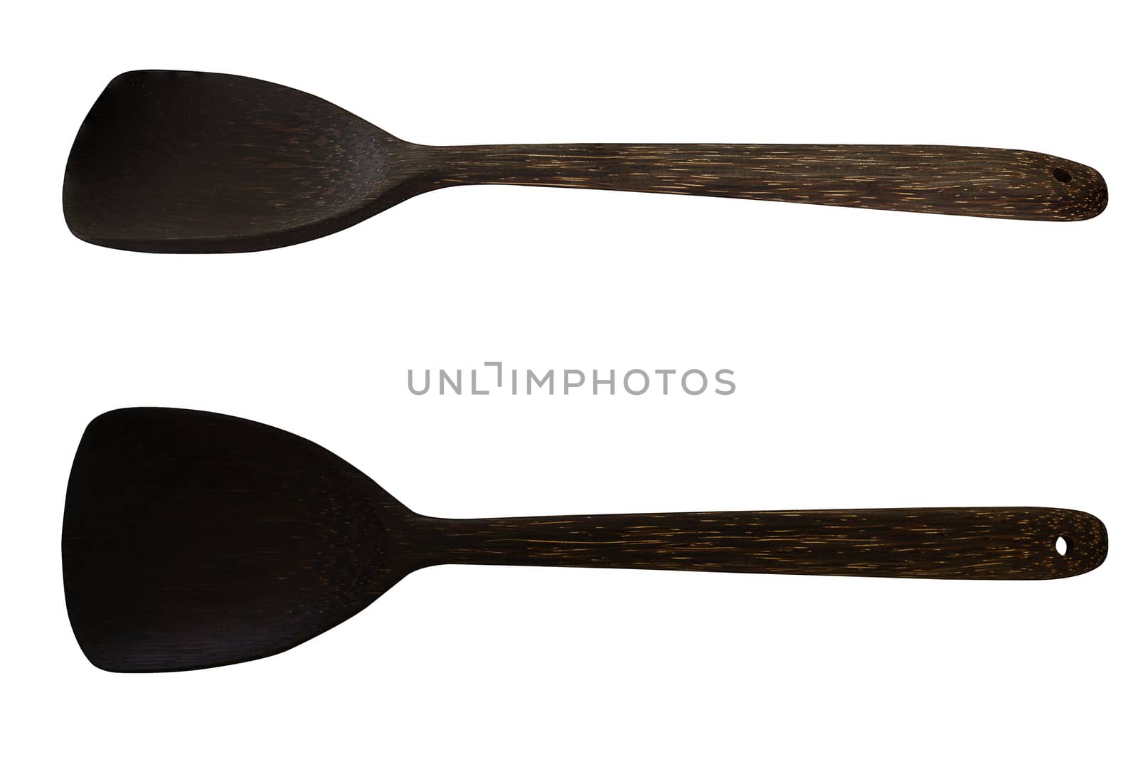 Isolate black wood spoon, turner on white background