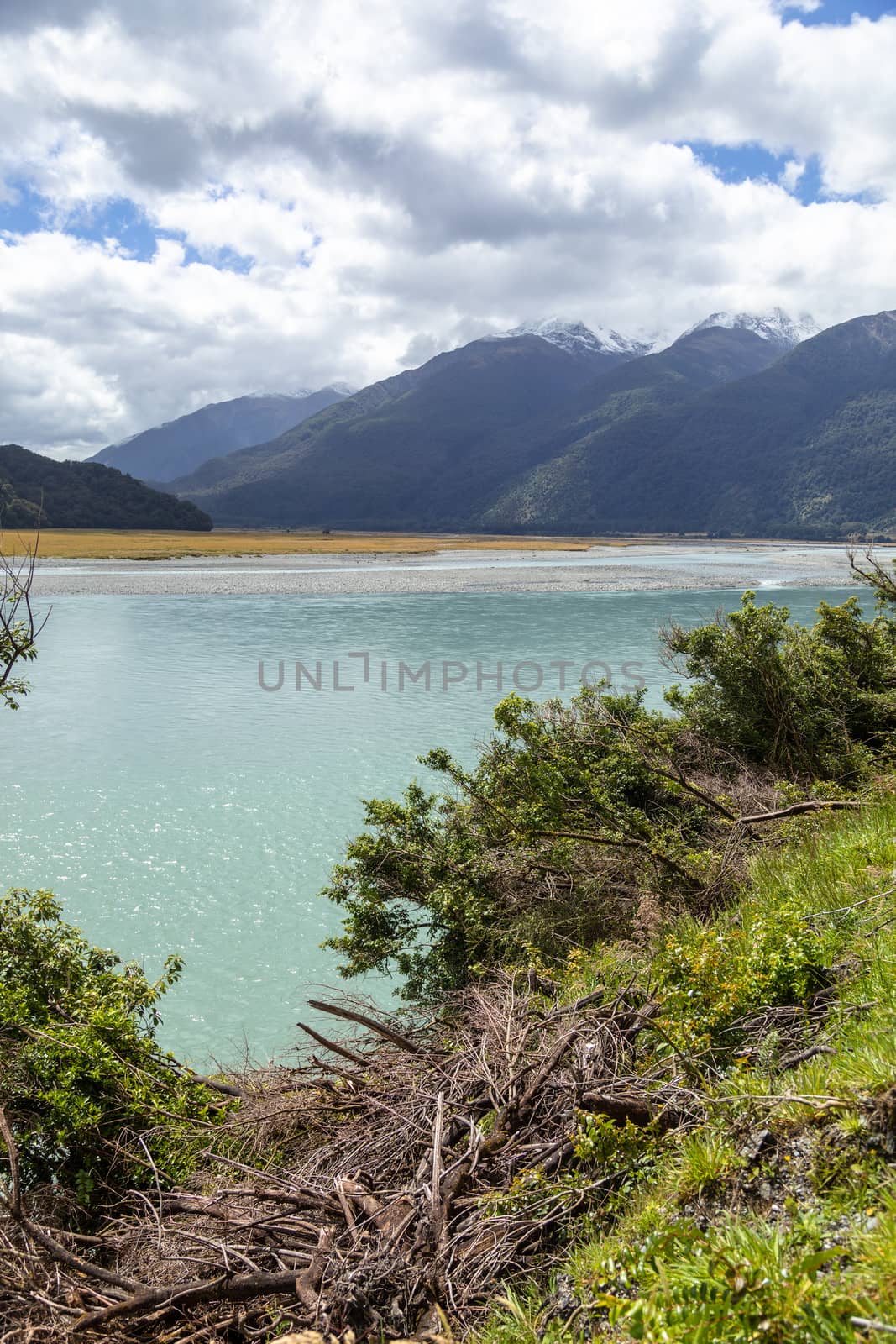 An image of a riverbed landscape scenery in south New Zealand