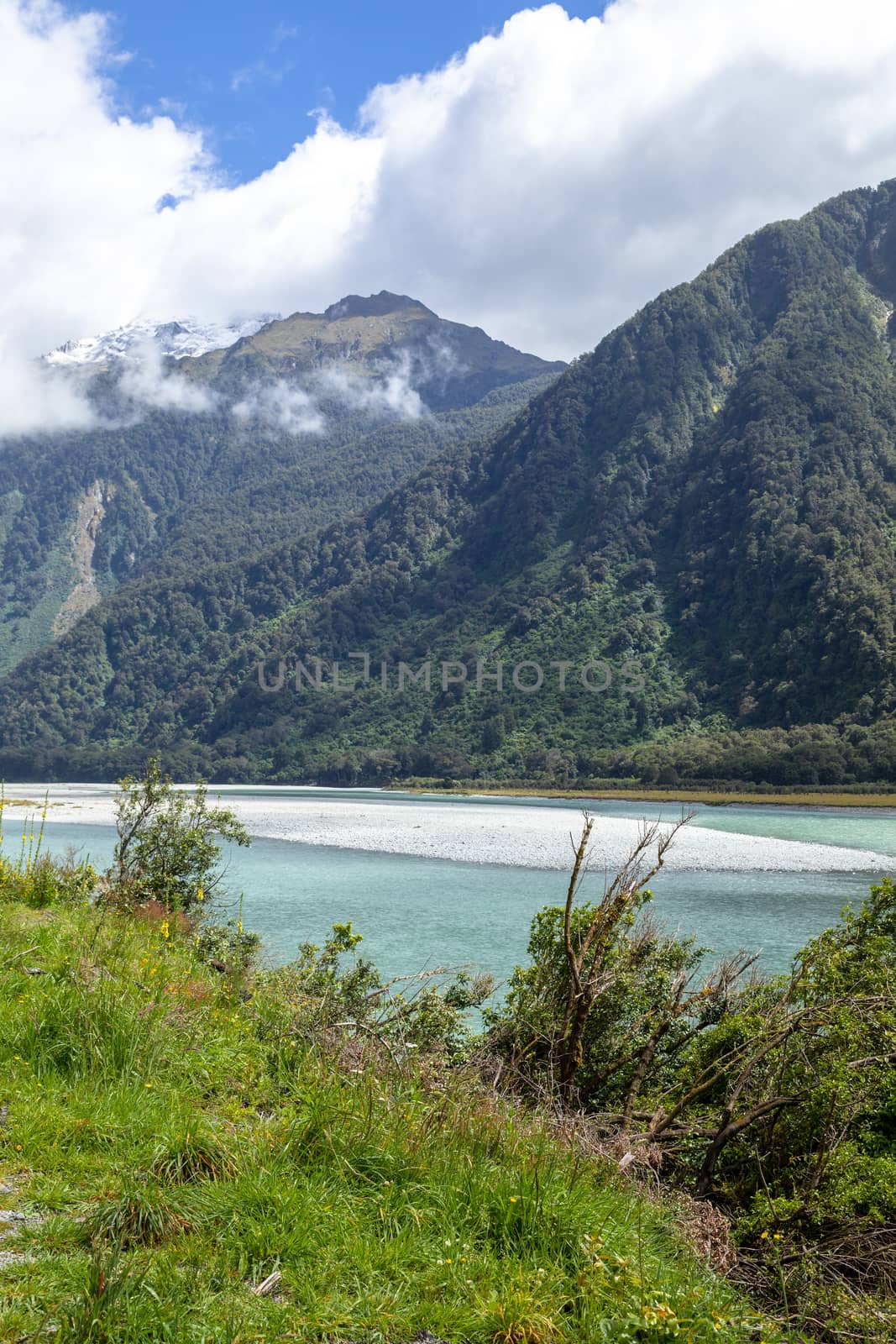 An image of a riverbed landscape scenery in south New Zealand