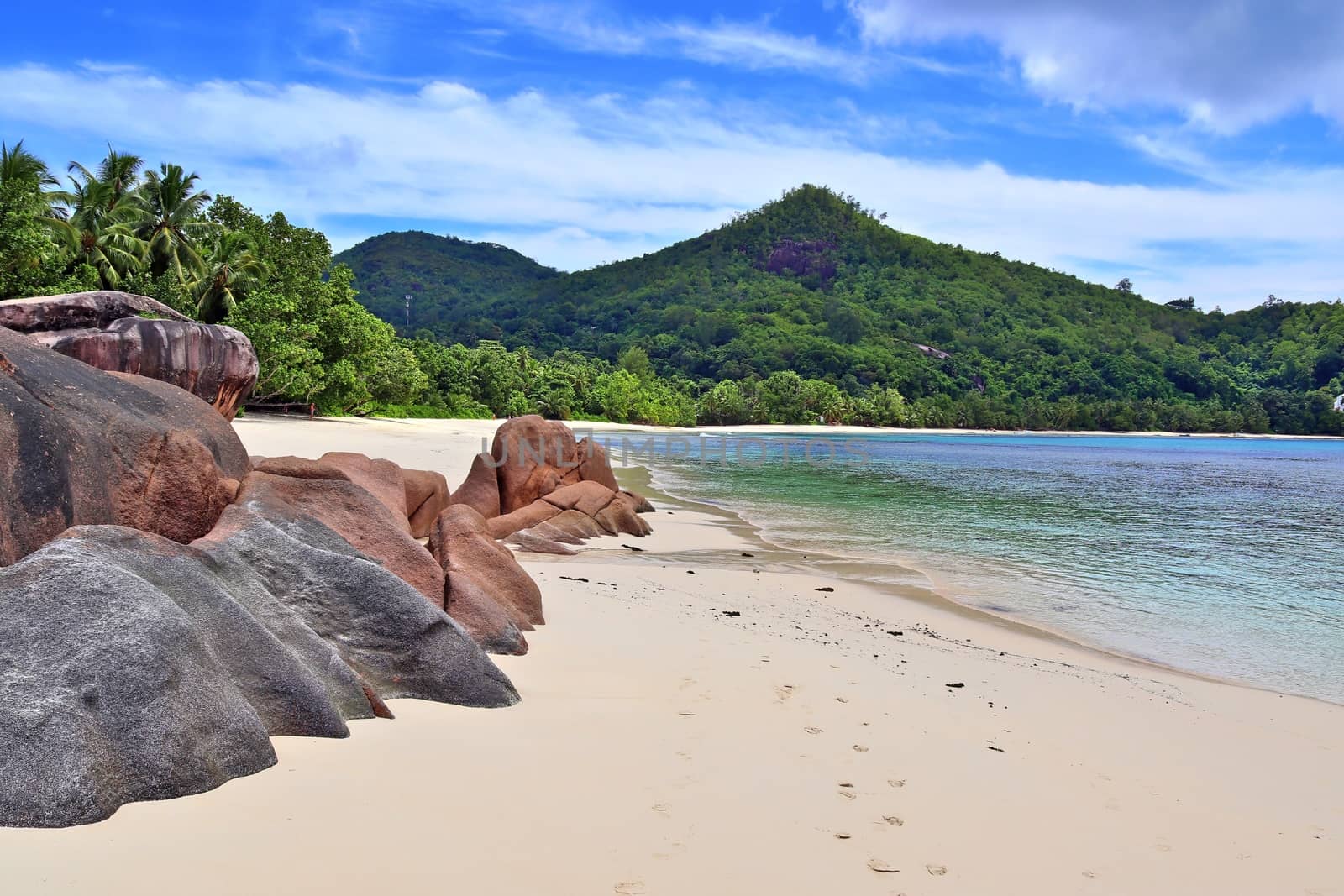 Sunny day beach view on the paradise islands Seychelles.