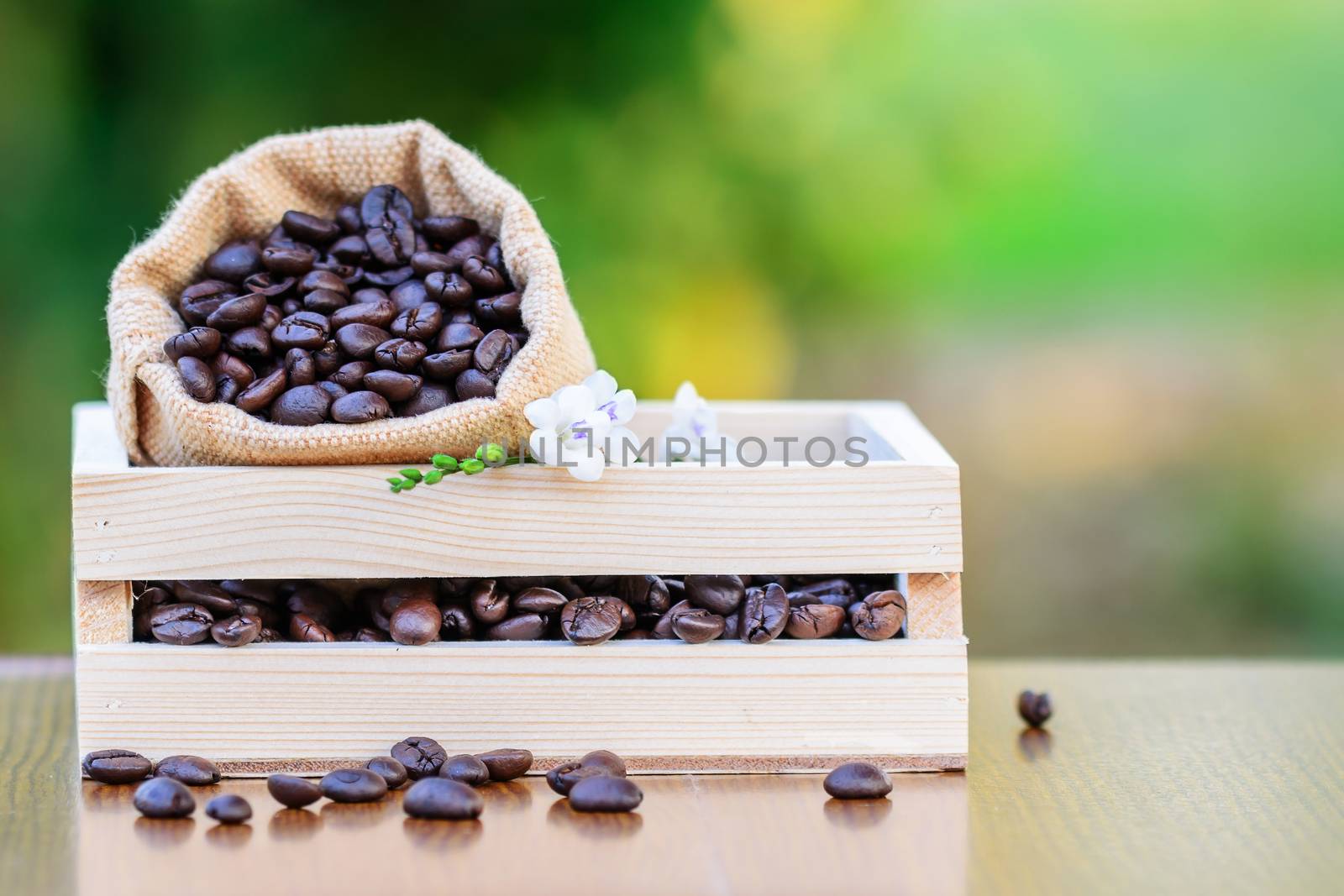 Coffee in wooden box with green blurred background