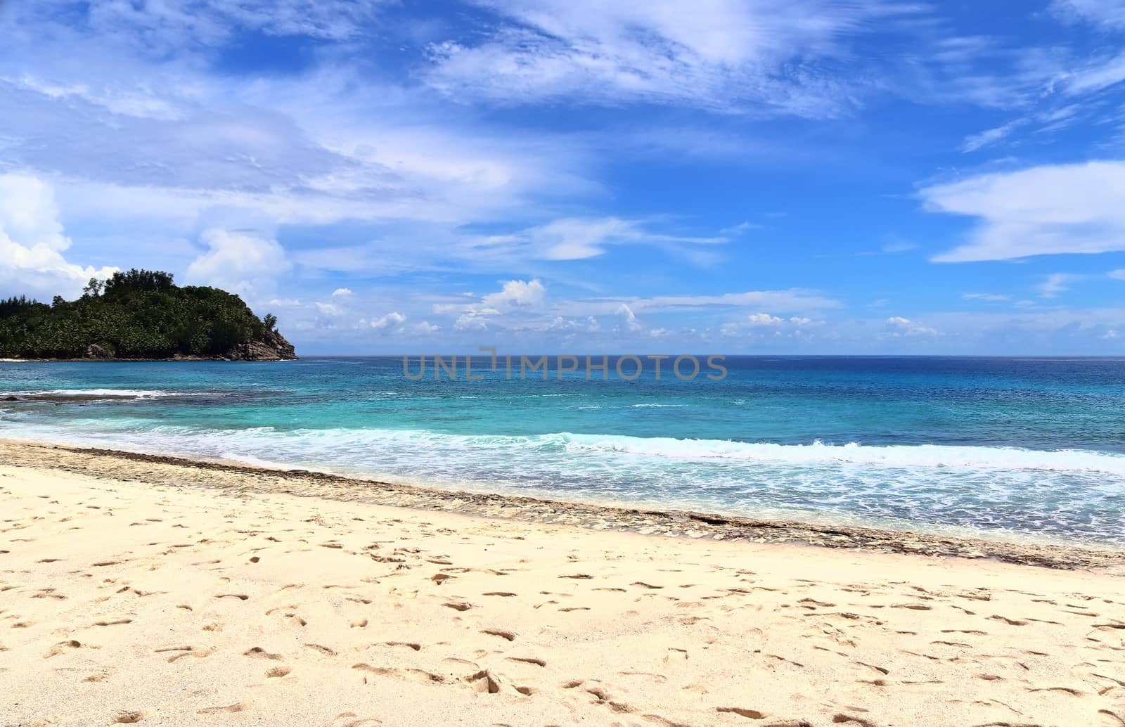 Sunny day beach view on the paradise islands Seychelles.