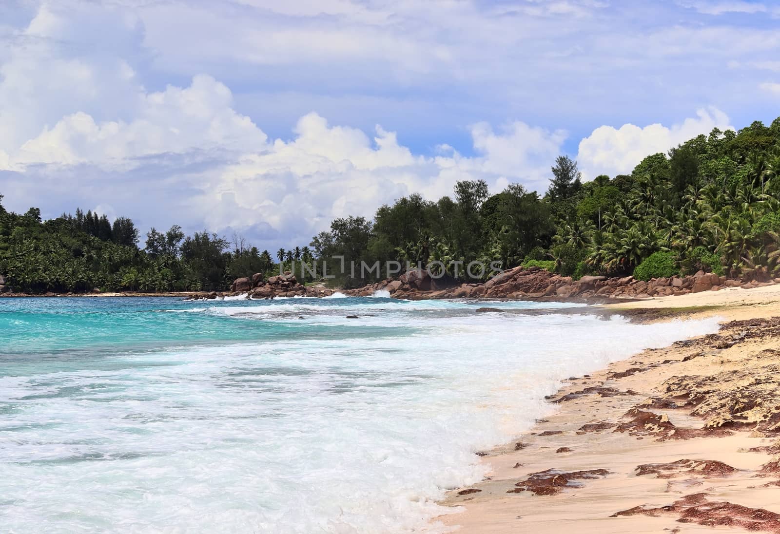 Sunny day beach view on the paradise islands Seychelles.