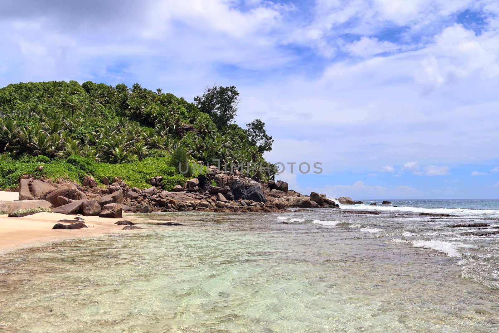 Sunny day beach view on the paradise islands Seychelles.