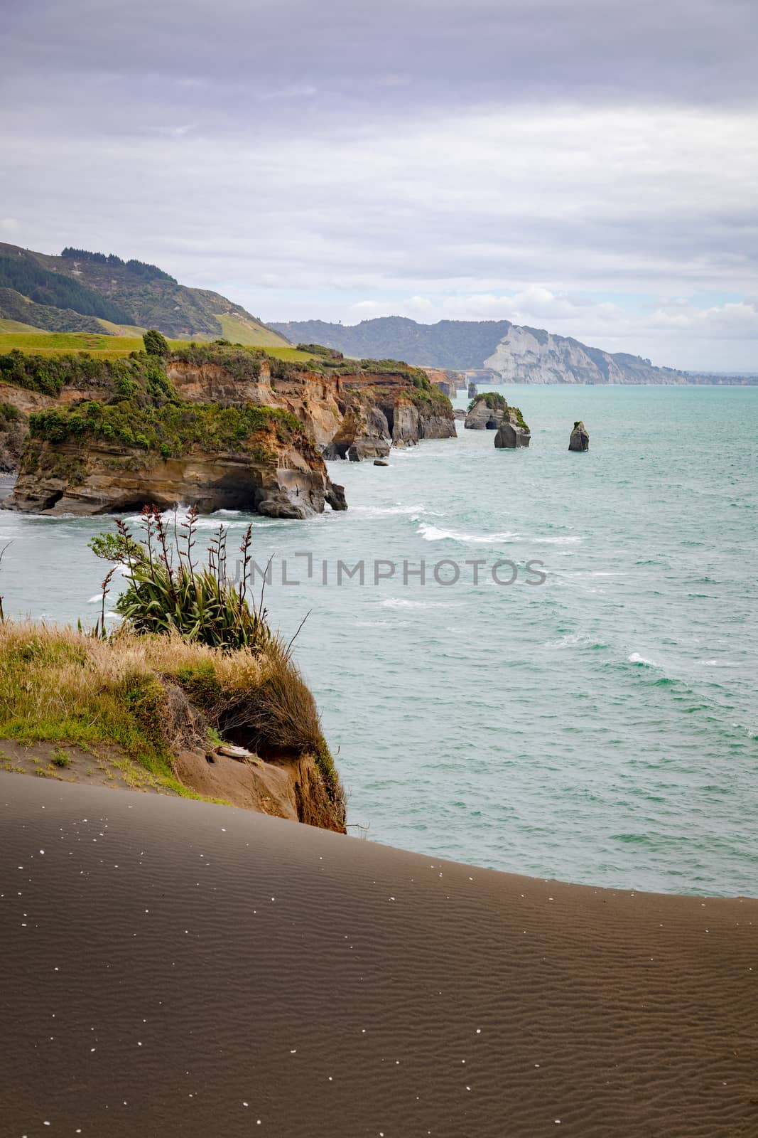 An image of sea shore rocks and mount Taranaki, New Zealand