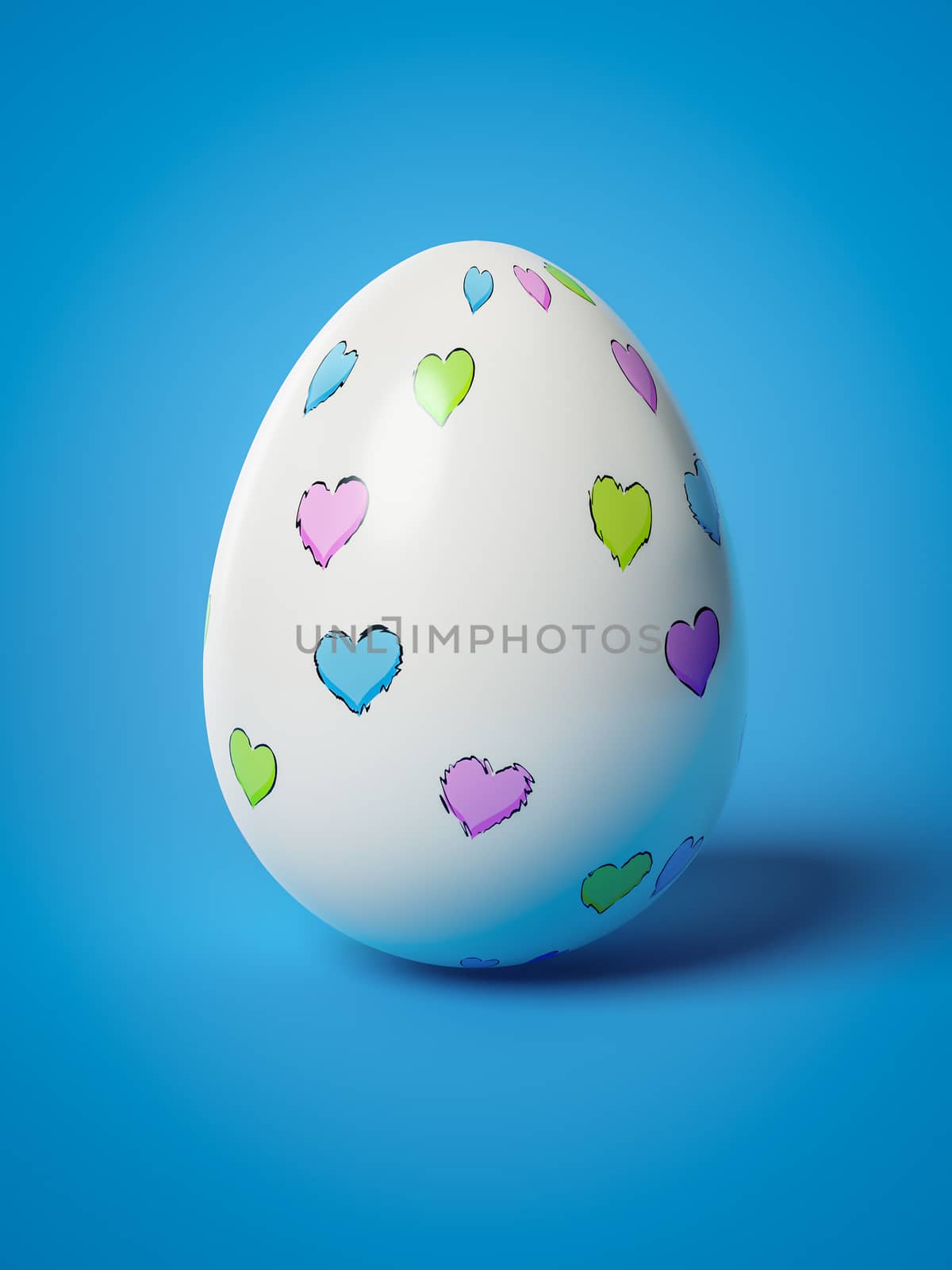 A easter egg with hearts on blue background 3d illustration