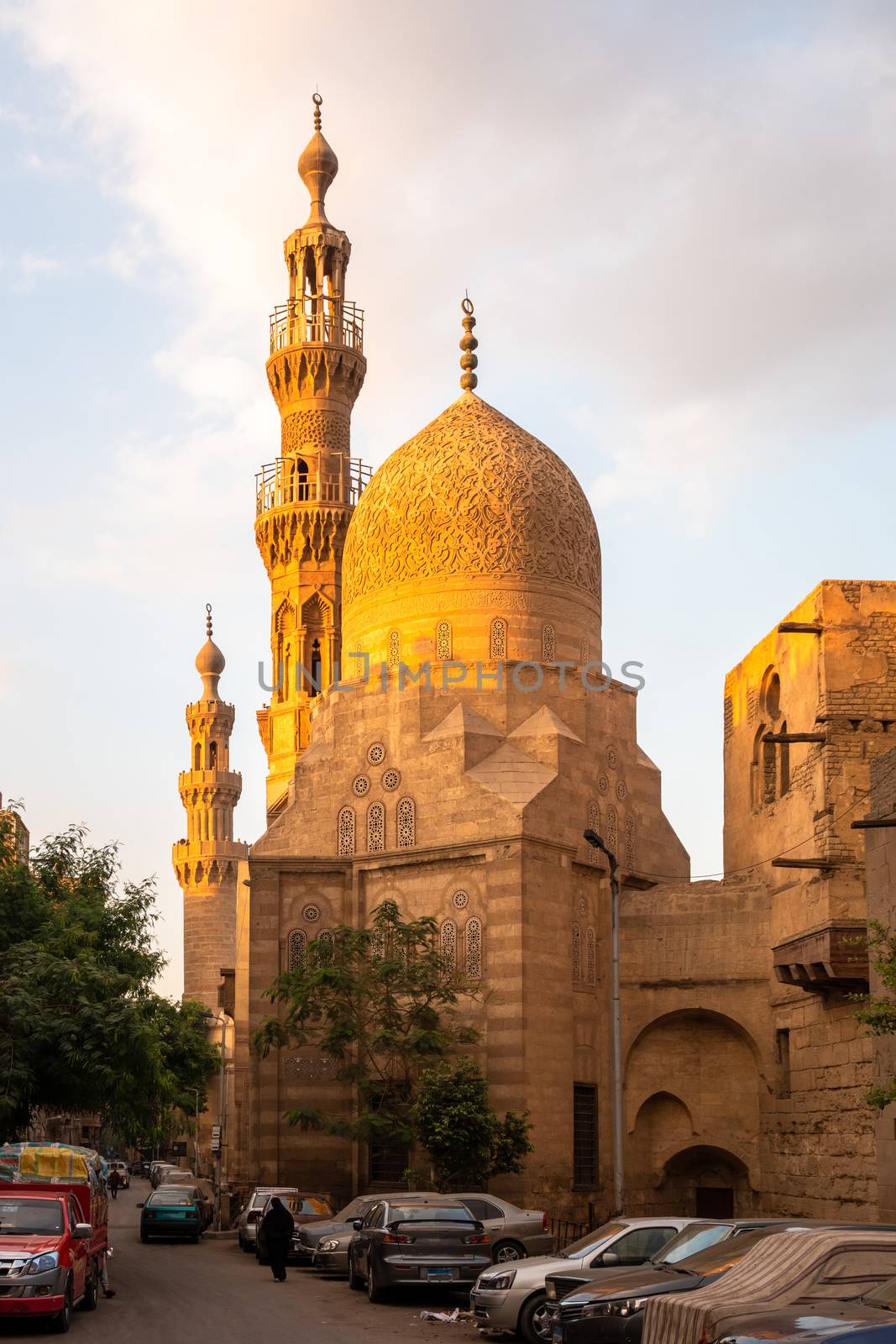 An image of the Aqsunqur mosque in Cairo Egypt at sunset