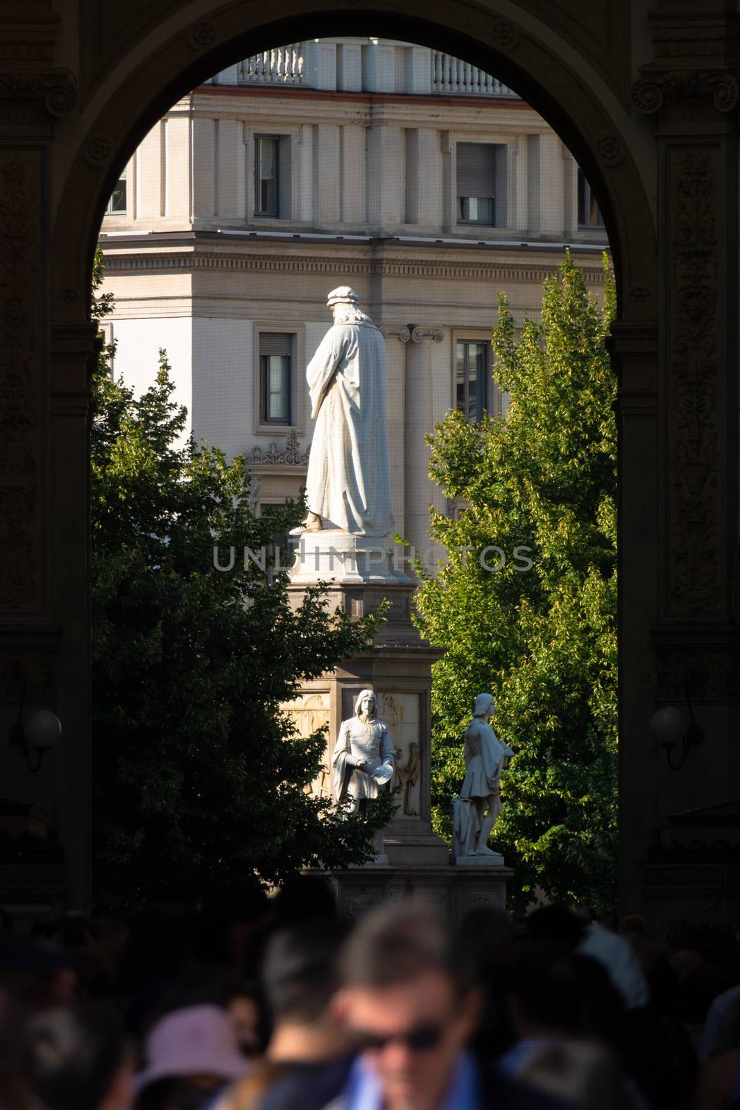 An image of the monument of Leonardo da Vinci in Milan Italy