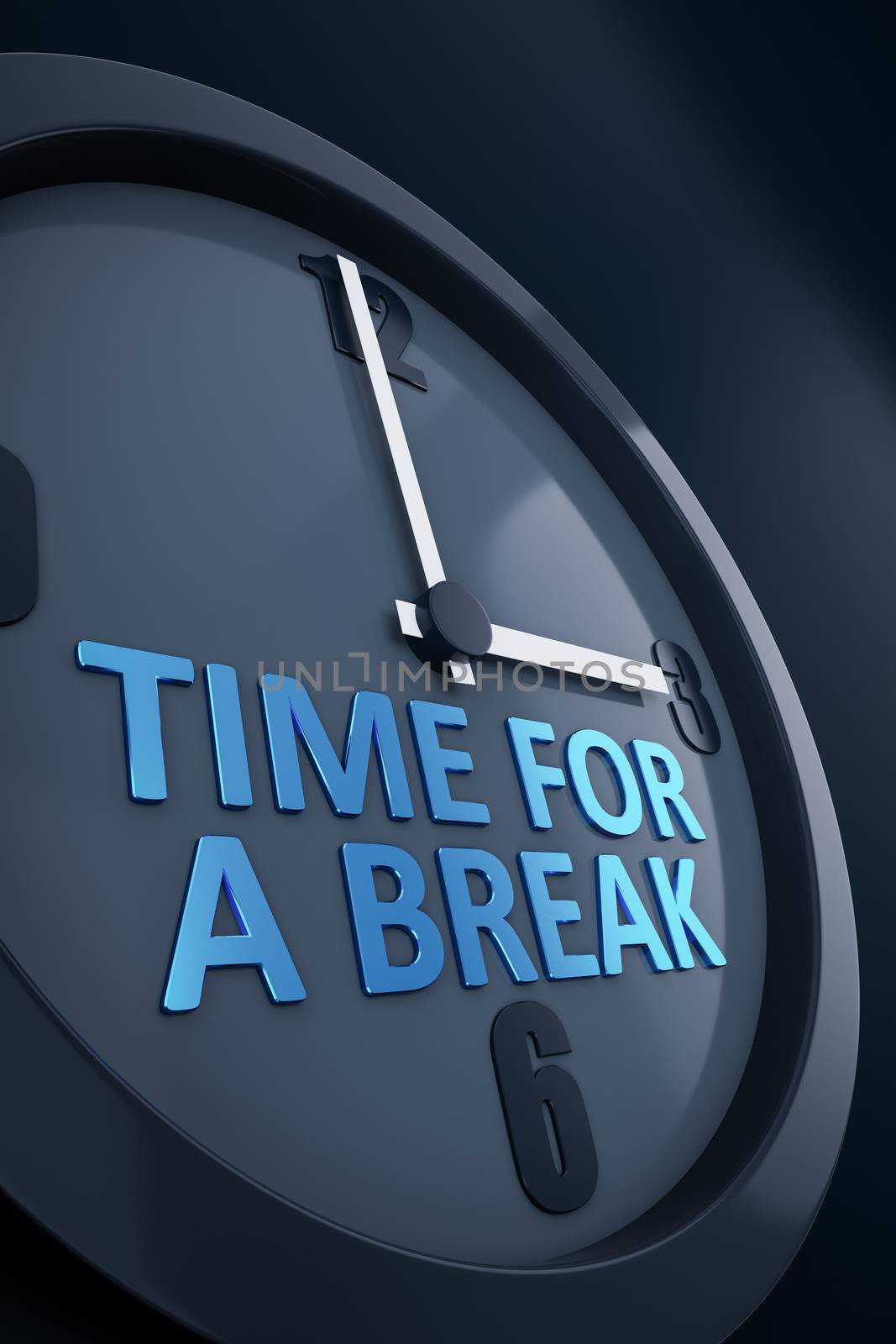 A clock with text time for a break 3D illustration