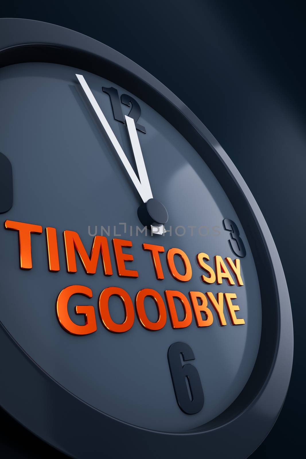 A clock with text time to say goodbye 3D illustration