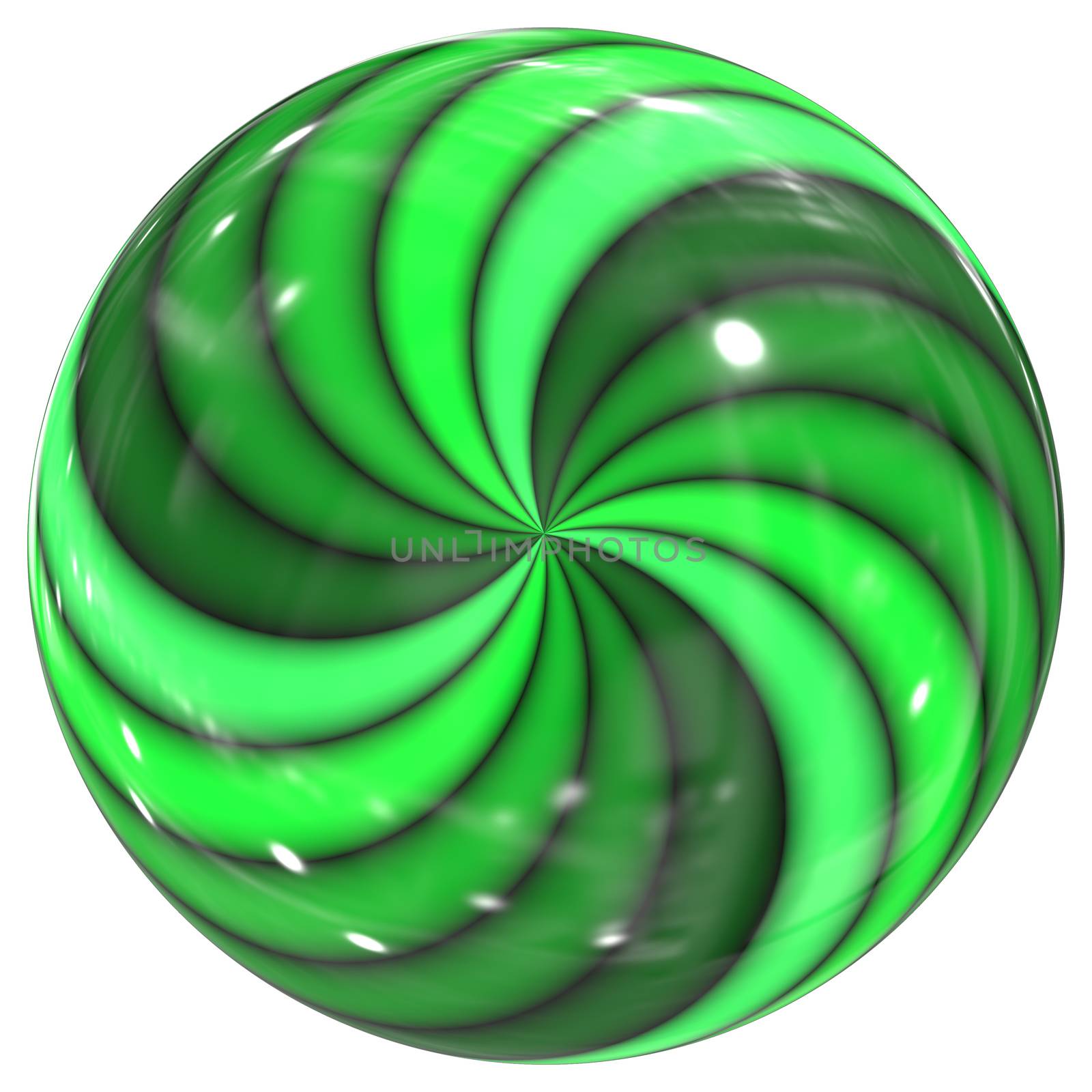 An illustration of a green swirl glass sphere