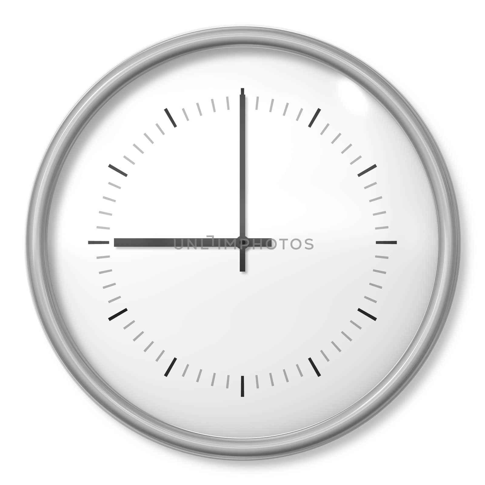 a clock shows nine o'clock 3d illustration