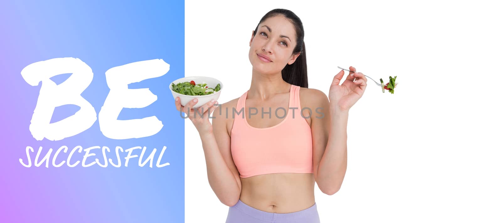 Smiling brunette eating salad against purple vignette