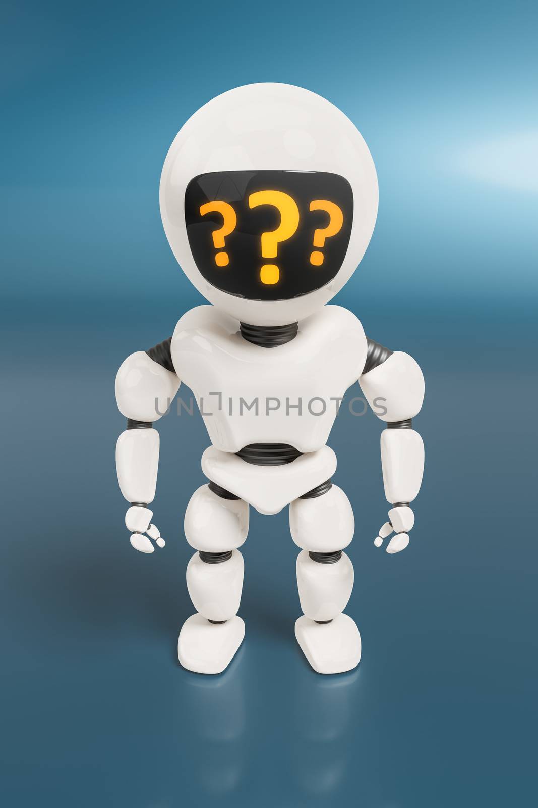A sweet toy robot with question marks 3d illustration