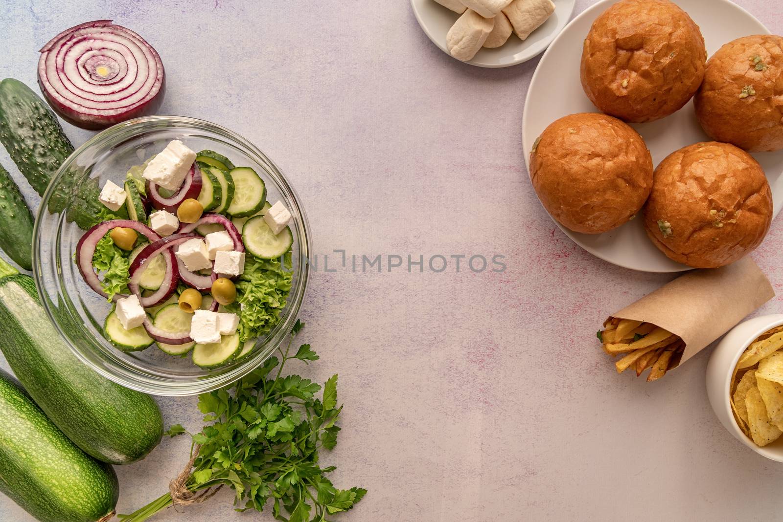 Fruit and vegetables vs sweets and potato fries top view flat lay by Desperada